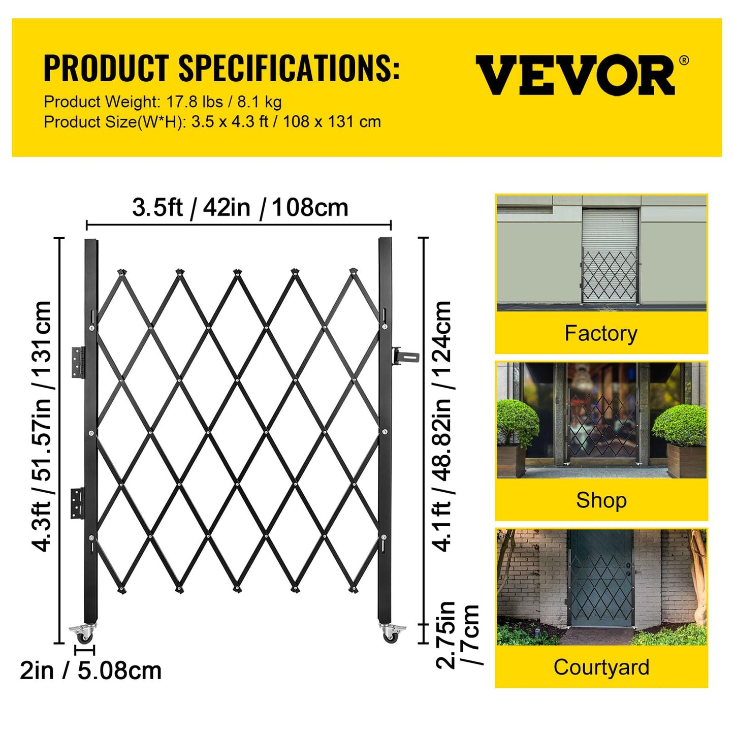 VEVOR Single Folding Security Gate, 51.57" H x 42" W Folding Door Gate, Steel Accordion Security Gate, Flexible Expanding Security Gate, 360° Rolling Barricade Gate, Scissor Gate or Door with Padlock