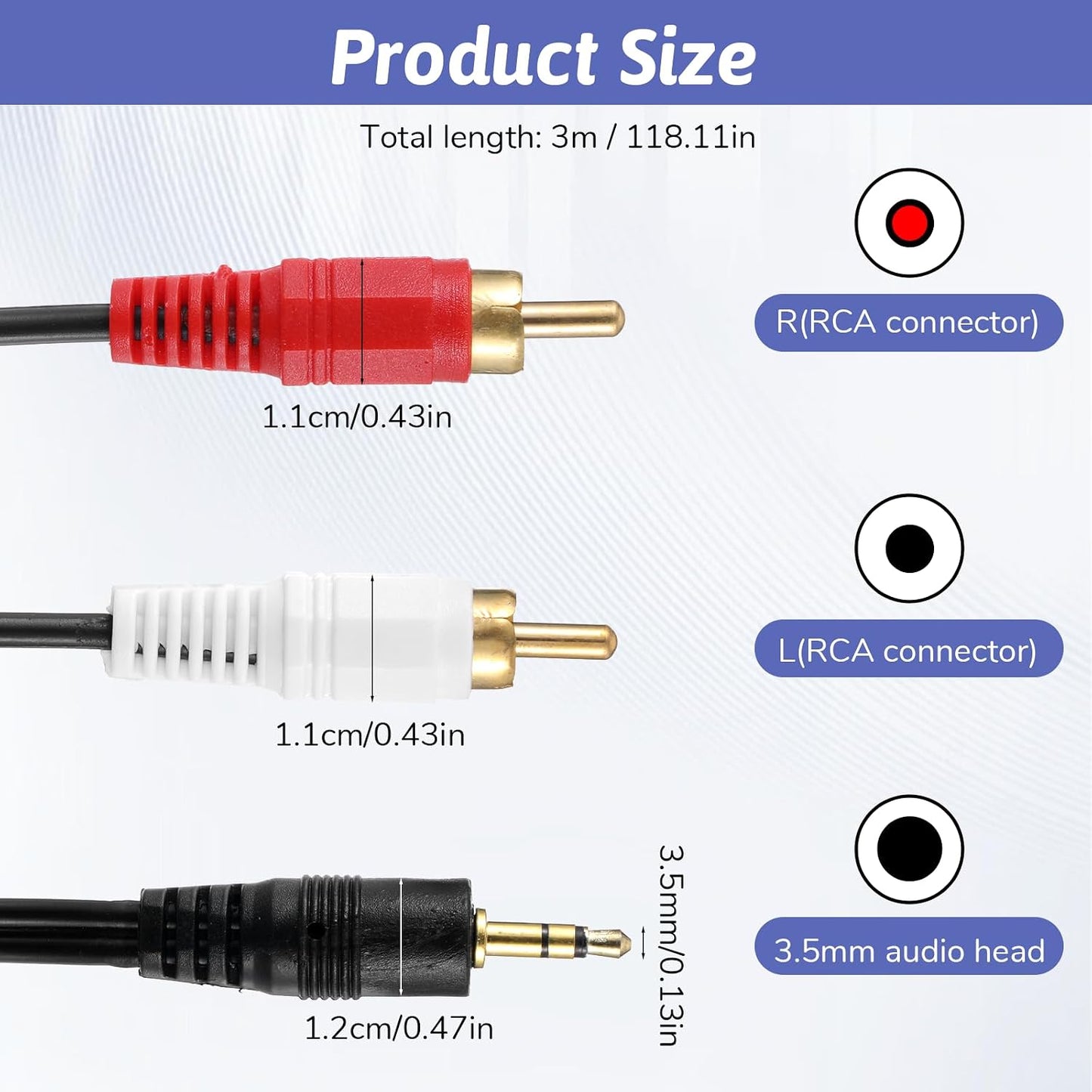Jxiwfvl 3.5 mm 2RCA MP3, (9.8ft/3m) to Audio Cable, Gold-Plated Plug Stereo Jack to RCA Cable Audio AUX Adapter