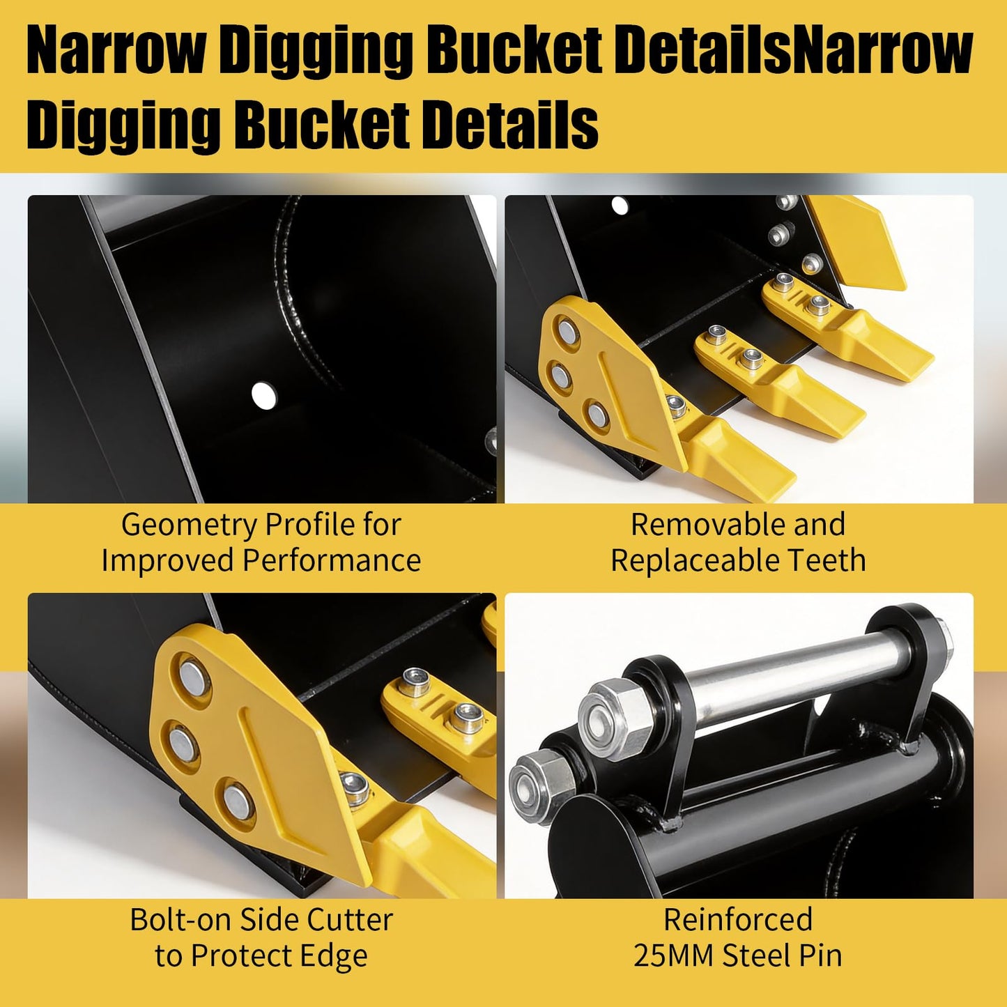 300mm Mini Excavator Bucket, 11.81in Excavator Attachments,300mm Narrow Digging Buckets with Metal Teeth Hole Diameter 0.98in, Center Wheelbase 3.54in, Metal Trenching Digger (300mm Black Yellow)