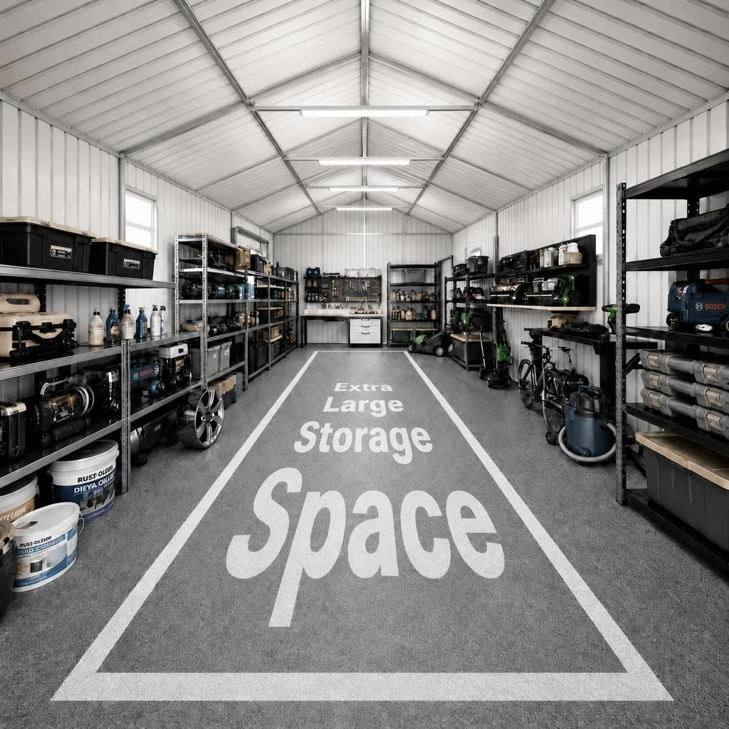 12x25 FT Metal Garage Shed, Outdoor Extra Large Storage Shed with Double Hinged Doors, 4 Windows, Heavy Duty Carport for Cars, Boats, Trucks and Equipment Storage, Gray