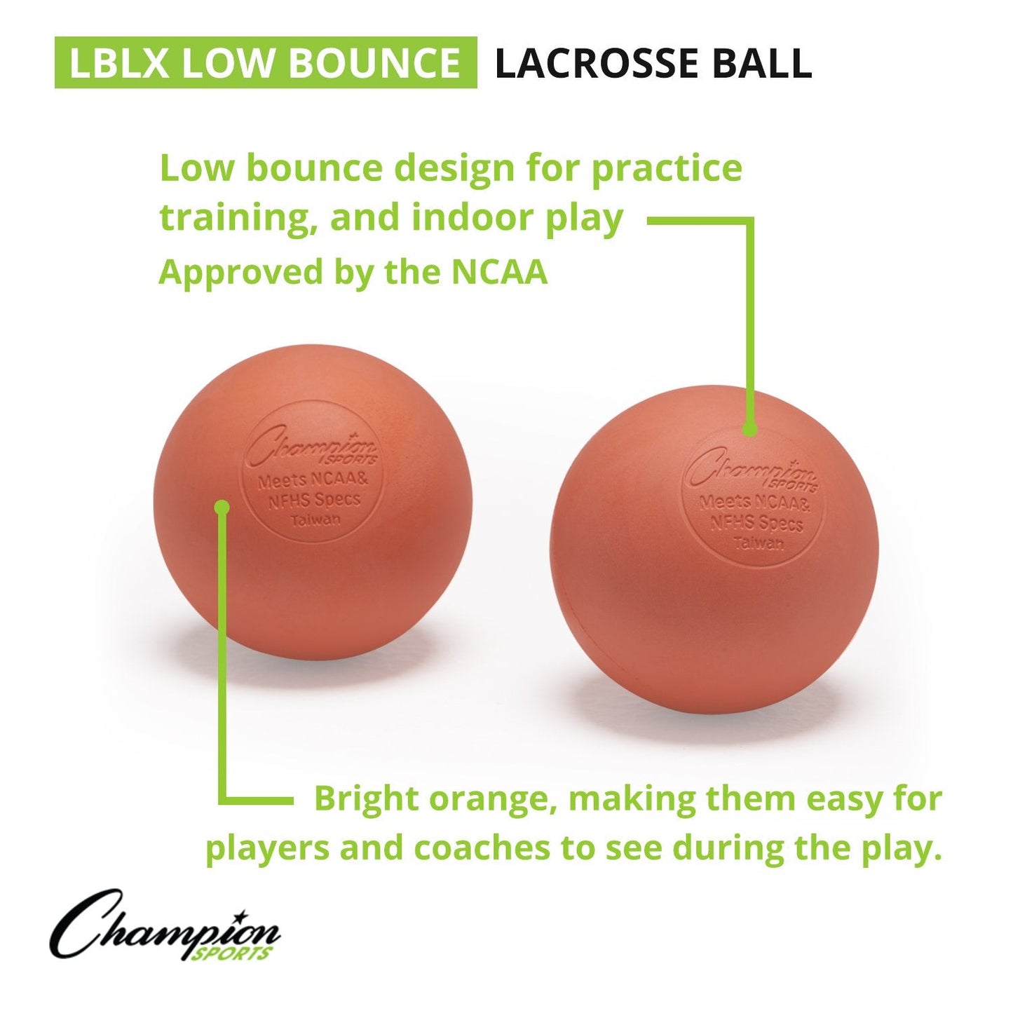 Champion Sports Low Bounce Lacrosse Balls – Official Size for Practice & Training & Indoor Play, NCAA, NHFS Certified, 12-Pack, Orange