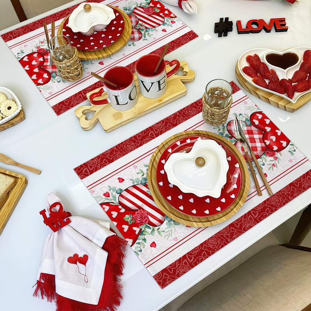 Valentines Day Placemats Set of 6 Washable Table Mats for Kitchen Dining Table, Love Rose Heart Heat-Resistant Cotton Linen Place Mats for Indoor Outdoor Parties Holiday Decoration, Red