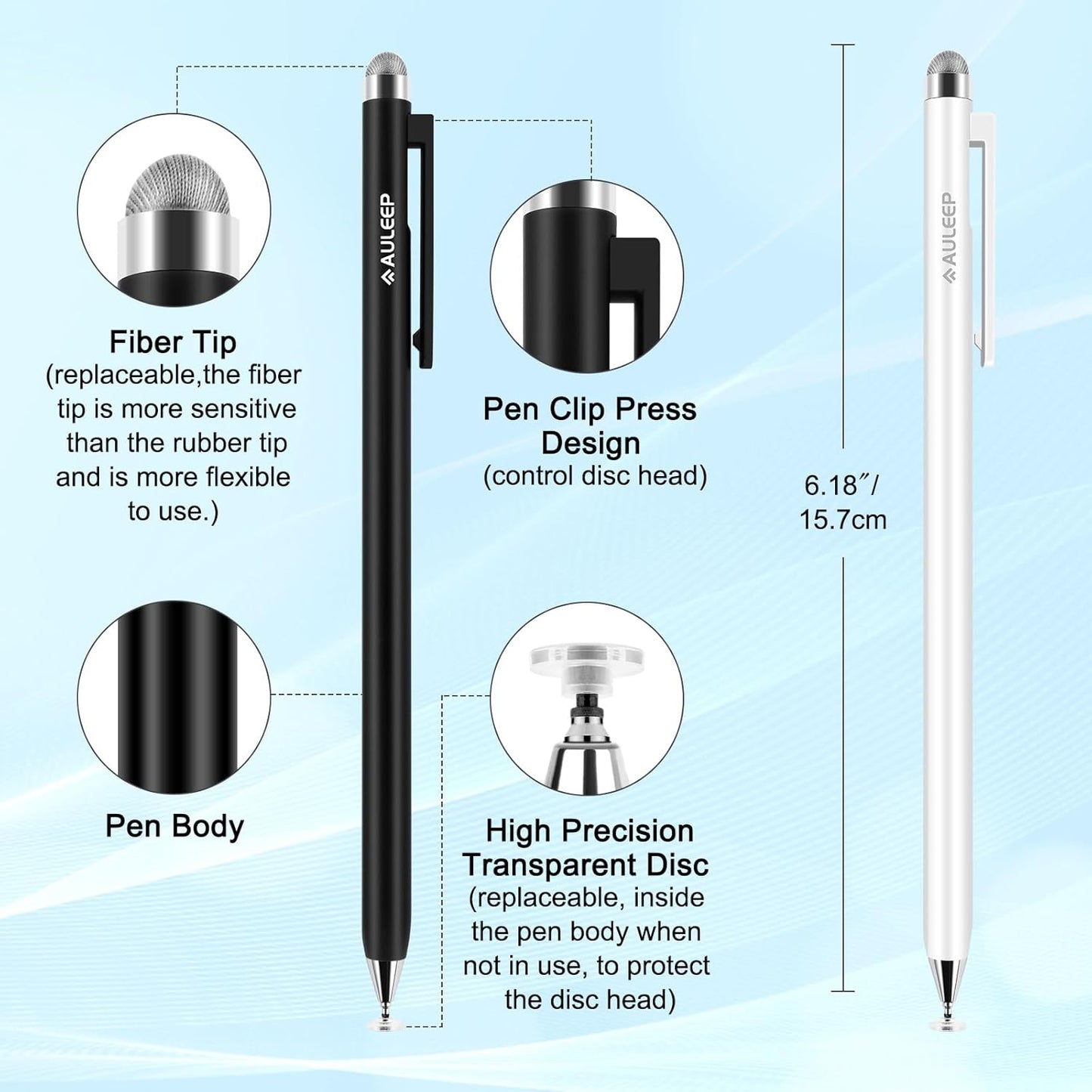 AULEEP 2-in-1 (2 Stylus (Fiber & Disc Tip) Stylus Pens for Touch Screen, High Sensitivity & Precision Capacitive Stylus