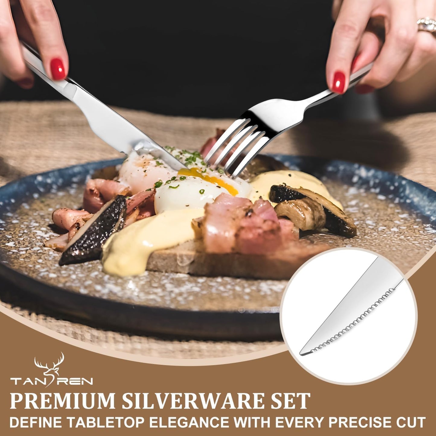 TAN REN Silverware Set for 8, 40-Piece Stainless Steel Flatware Sets, Heavy Duty Forks and Spoons Silverware Set with Dinner Knives, Mirror Polished Cutlery Sets, Dishwasher Safe Kitchen Utensils