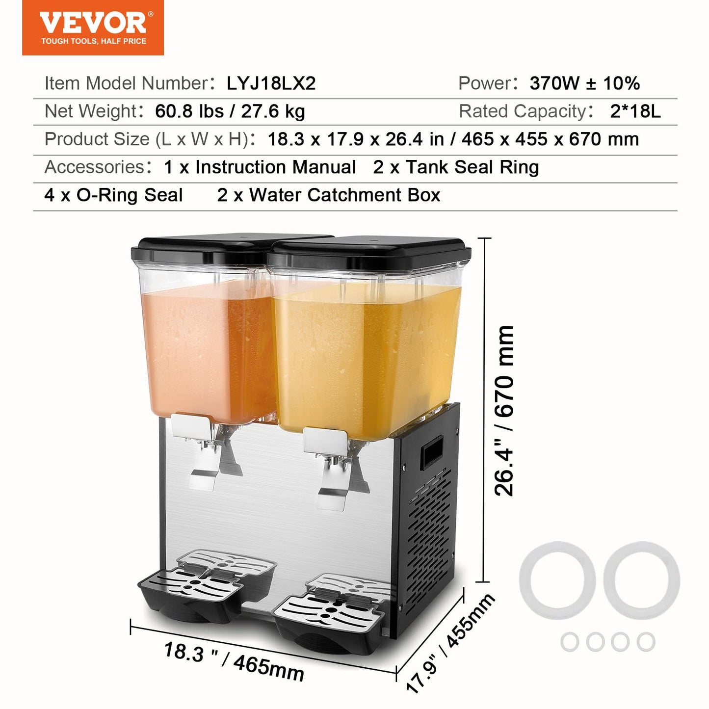 VEVOR Commercial Beverage Dispenser, 2 Tanks 18 L / 19 QT Per Tank Juice Dispenser, 370W Stainless Steel Ice Tea Drink Machine with 45°F-54°F Cooling Temperature, for Cold Drink Restaurant Bar Party
