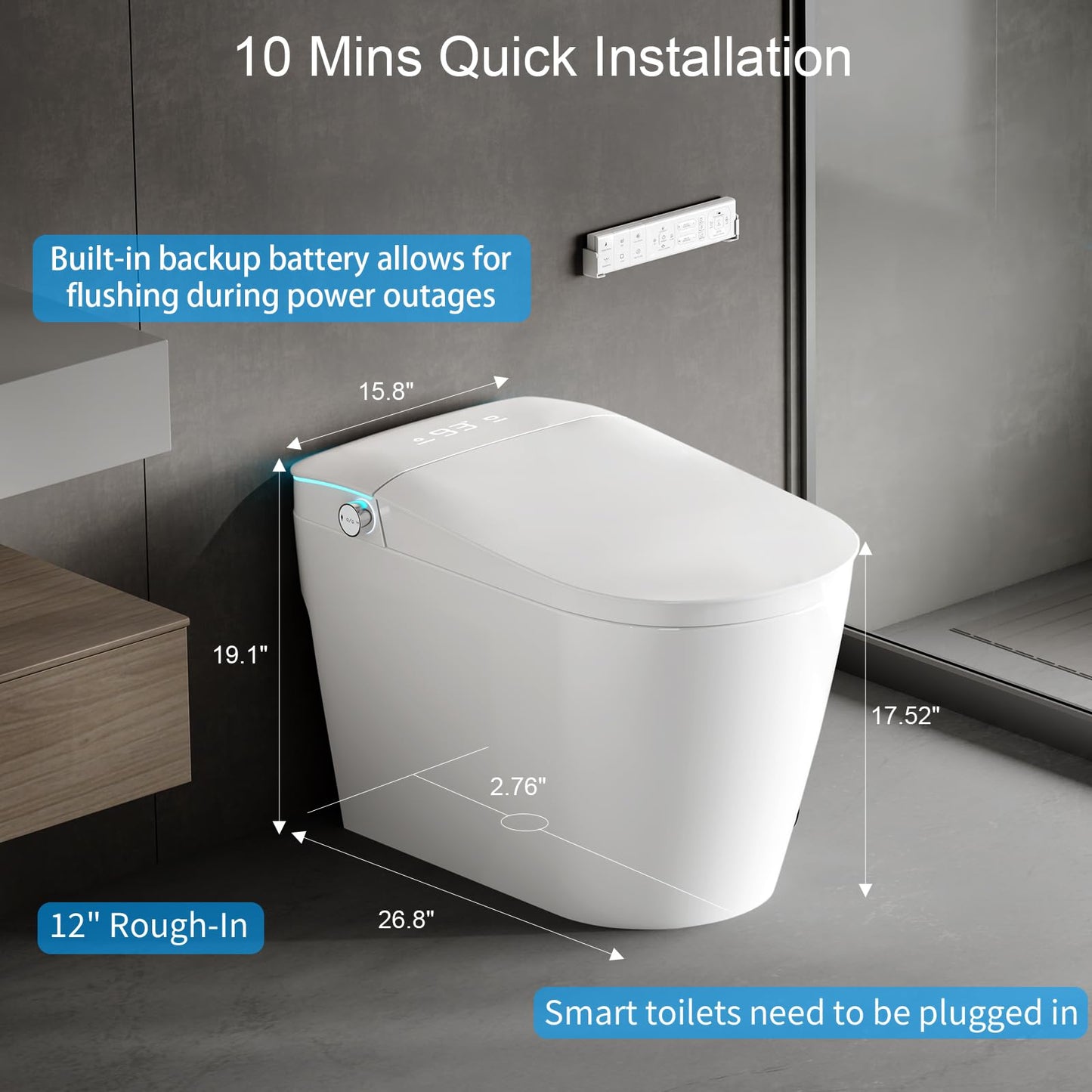 Smart Toilet with Bidet Built in, Auto Soft Open/Close, Booster Pump Tank, 1000g MaP Auto Dual Flush, Foam Shield, UV-C Light, Heated Seat, Instant Warm Water, Deodorization, ADA Height for Bathrooms
