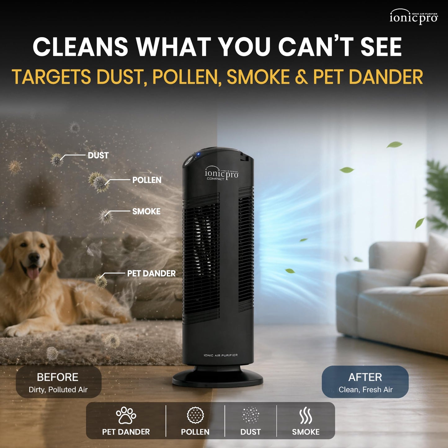 Ionic Pro Compact Air Purifier Tower, Never Replace Filters, Quiet Negative Ion Technology, Captures Pollutants, Pet Dander, Dust, Odor, Smoke, and More, CA200, Cleans Rooms Up to 300 sq. ft