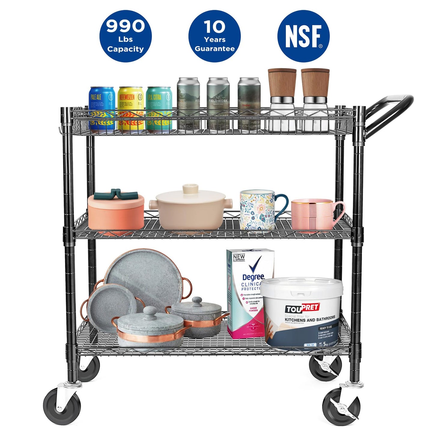 WDT 990Lbs Capacity Heavy Duty Rolling Utility Cart, NSF Rolling Carts with Wheels,Commercial Grade Metal Cart with Handle Bar & Shelf Liner,Trolley Serving Cart for Restaurant,Kitchen,Black