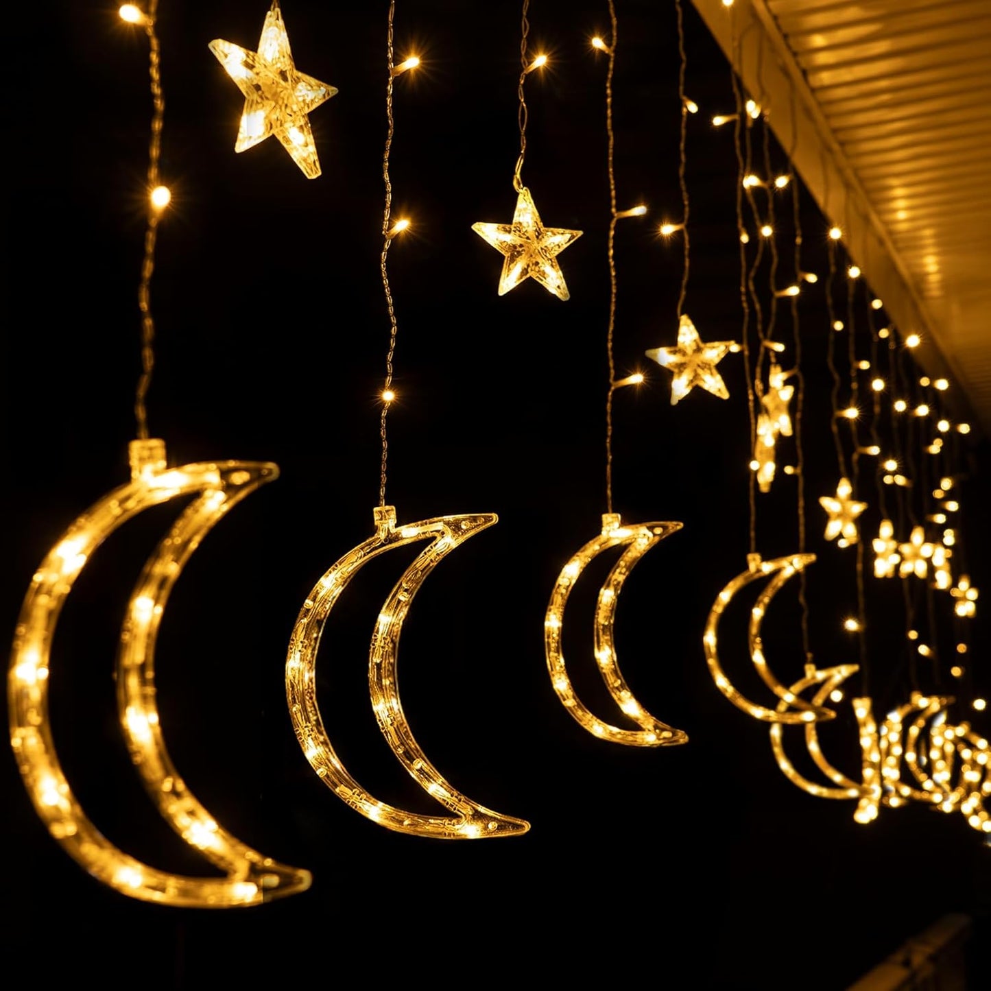 TW SHINE Star & Moon Curtain String Lights - 138 LED, 8.2 FT, Waterproof with 8 Modes & Timer for Ramadan Decor