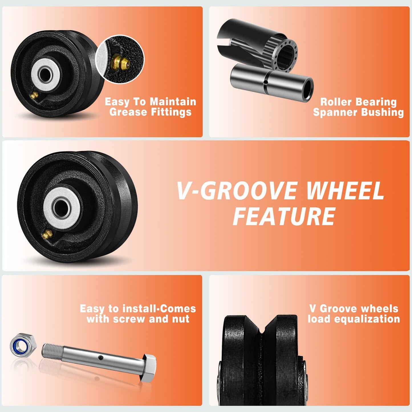 CWfutureparts 4" X 2" Cast Iron V Groove Wheel with Roller Bearing, 1600 lbs Capacity,Industrial Metal Casters for Roll Tracks, Rolling, Sliding Gates(2 Pack Black)