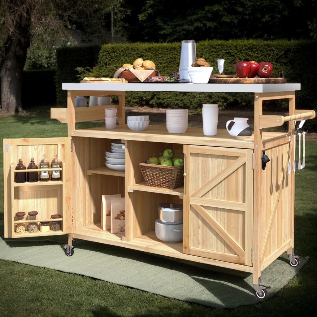 eodme Outdoor Cabinet for Patio Graden BBQ Grill Cart with Storage Cabinet, Home Rolling Kitchen Island Food Prep Table with Stainless Steel Top, Shelves, Spice Rack, Towel Rack(Natural Wood)