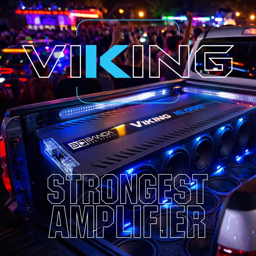 Banda Audioparts Viking 15000 Car Audio Amplifier Mono Block 1 Channel 15000W RMS 1 Ohm Stable High Power Aluminum Chassis Subwoofer Woofer Car Audio Amp