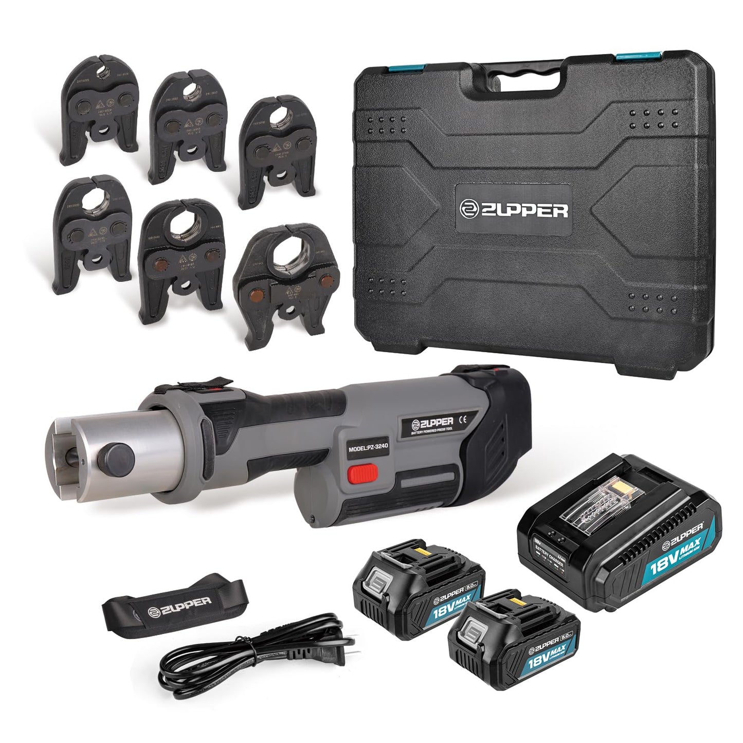 ZUPPER Press Tool, 18V Electric Pipe Crimping Tool for 1/2" to 2" Copper Pipes, Standard Press Tool Kit Suitable for Copper ProPress fittings - with 6 VUS Press Jaws, 2pcs 4AH Battery
