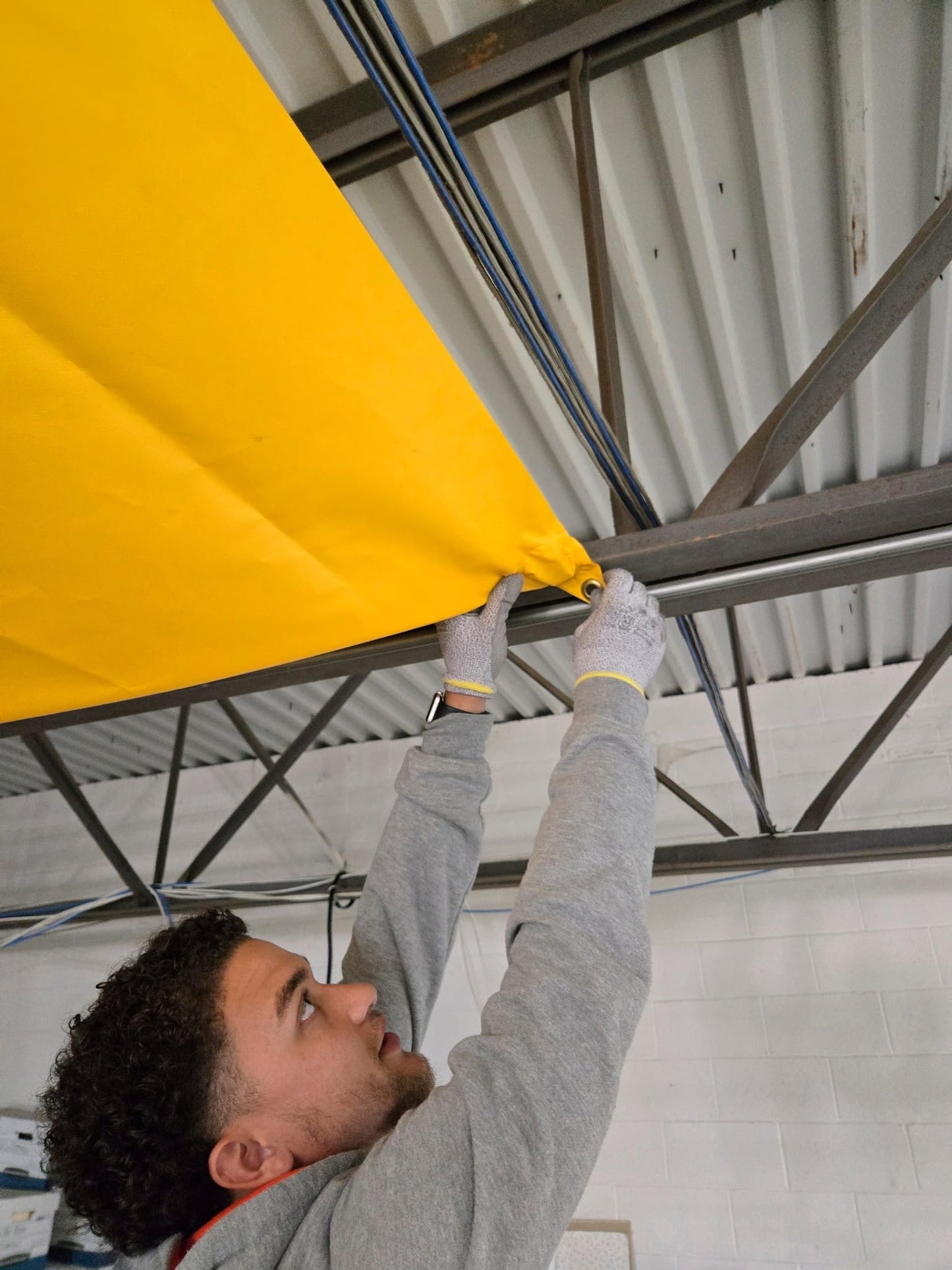 Justrite Ceiling Leak Diverter Tarp with Hose Connection and Corner Grommets, 7' x 7' Puncture-Resistant and Watertight PVC-Coated Fabric, for Temporary Leak Fix, Made in The USA, Yellow, 28304