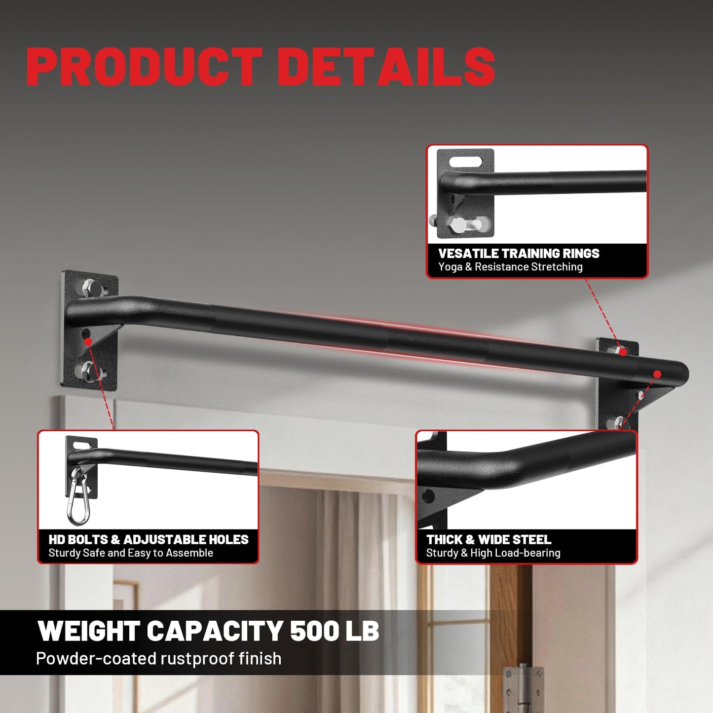 PAPABABE Wall Mounted Pull Up Bar, Chin Up Bar, Strength Training Pull-Up Bars Chin Up Bars for Home Gym, 500LBS Weight Capacity (Black 36 inch)