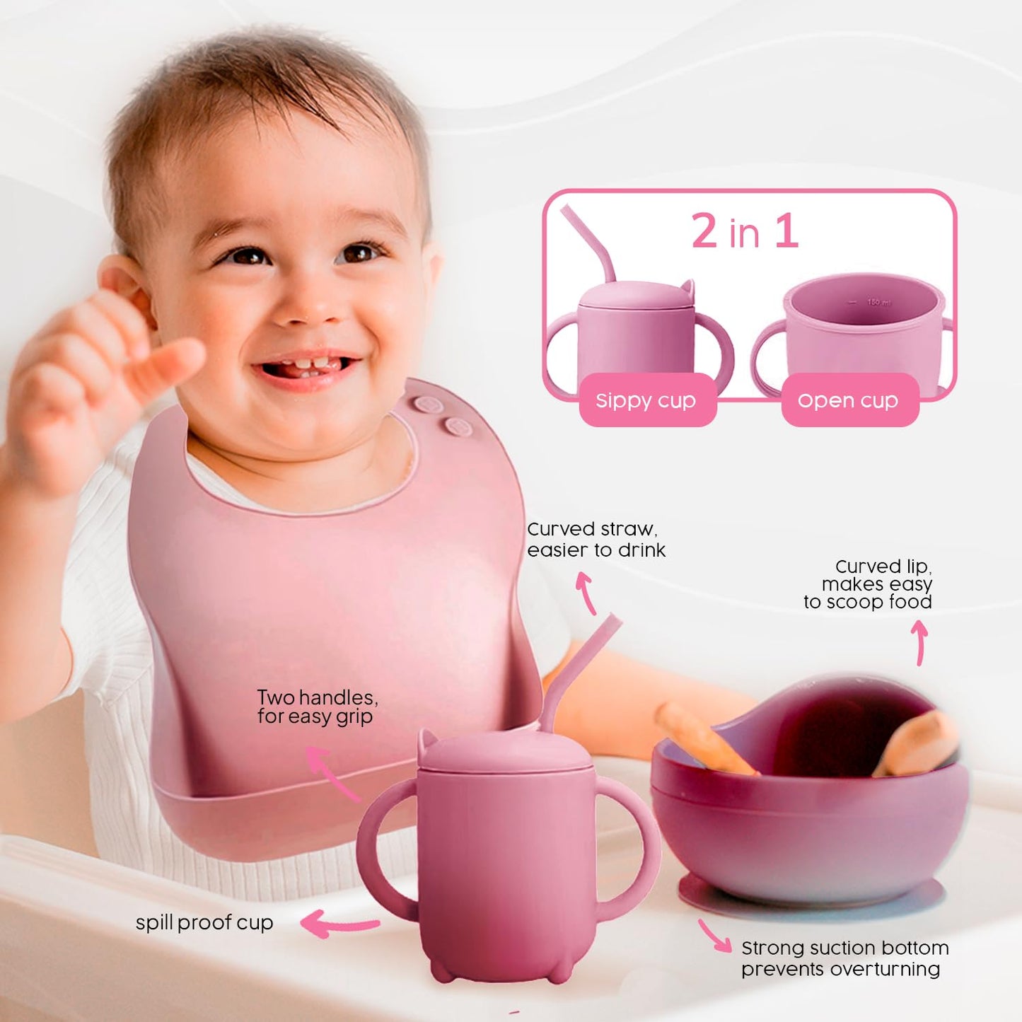 2025 Silicone Baby Feeding Set - All in One: Spoon, Fork, Suction Bowl, Divided Suction Plate, Sippy Cup, Silicone Bib and Travel Bib -6 + Month, Toddler & Baby silicone feeding set - BPA free, Pink