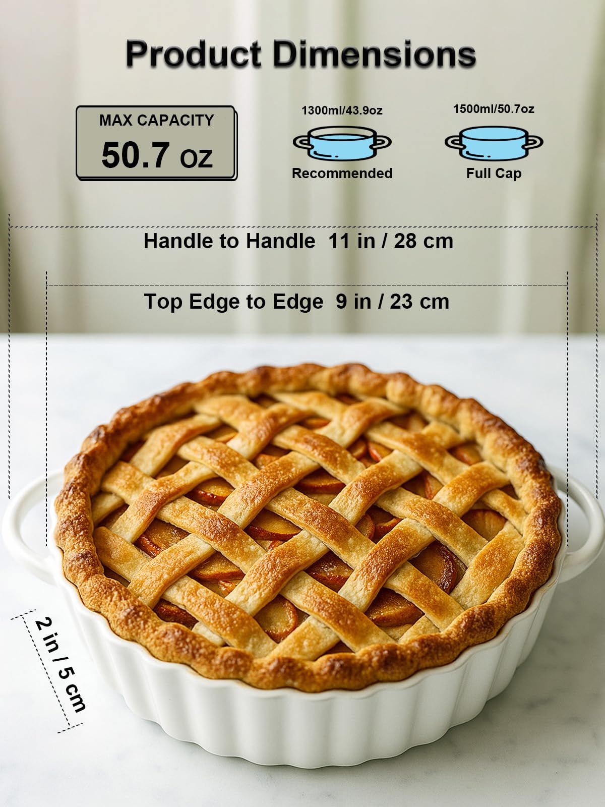 Yamteck 9×2in Deep Ceramic Pie Pan with Handles for Pie Quiche Tart Baking. Easy to grip, Lead-Free. Casserole Lasagna Dish for Thanksgiving Christmas Wedding Gift. Microwave, Dishwasher, Oven Safe