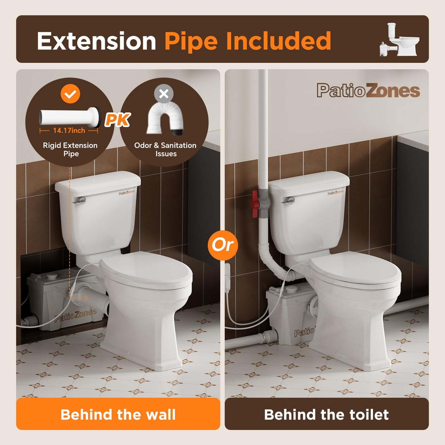 Macerating Toilet Kit/Combo for Upflush System, Toilet with Pump, Heated Toilet Seat, Quiet Copper Motor Sewage Macerator Pump with 4 Inlets for Basement/Sink/Shower, 23ft Lifting Up