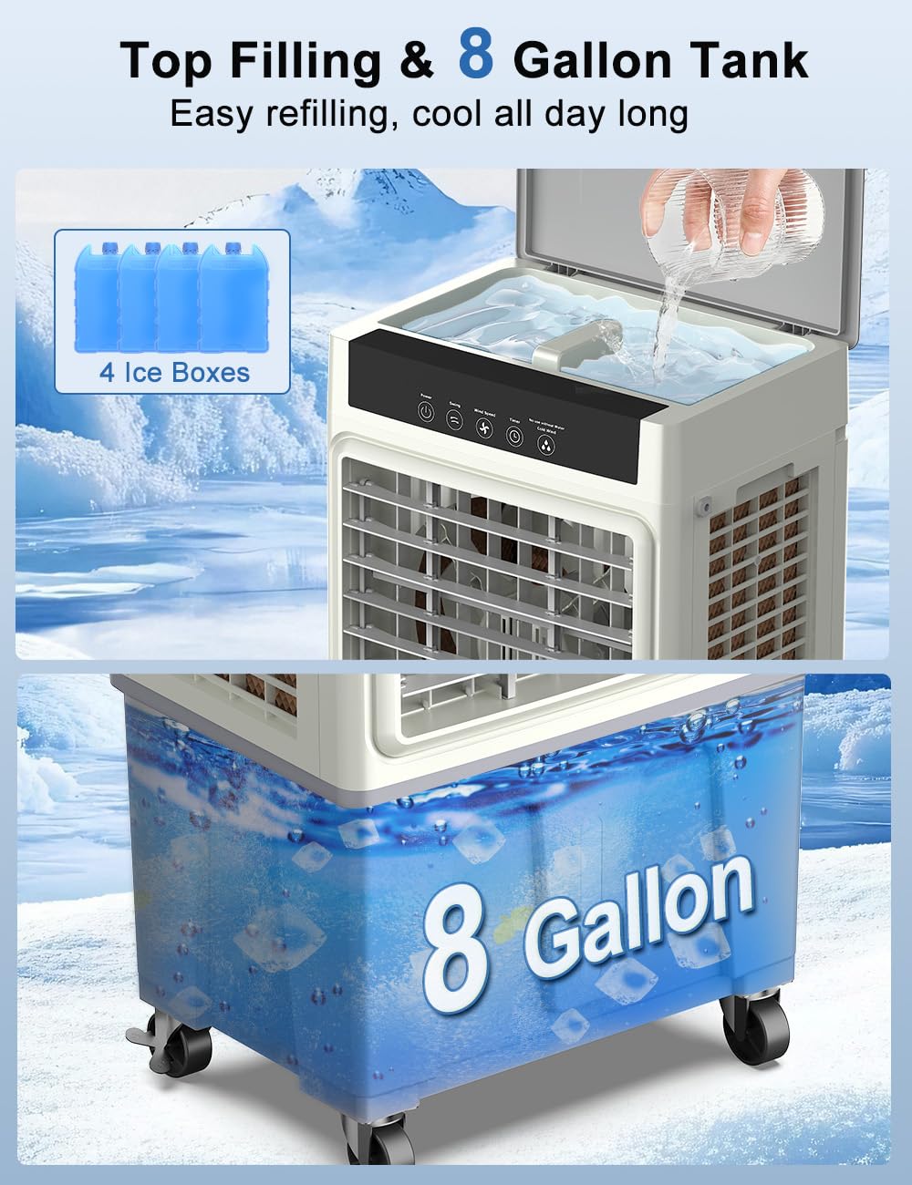 Large Swamp Cooler Air Conditioner, 2200CFM Evaporative Air Cooler, 24H Timer & 8 Gal Water Tank, 100°Oscillation, 3 Speeds&4 Ice Boxes,Remote, Portable Cooling Fan for Garage Outdoor, Extra Large