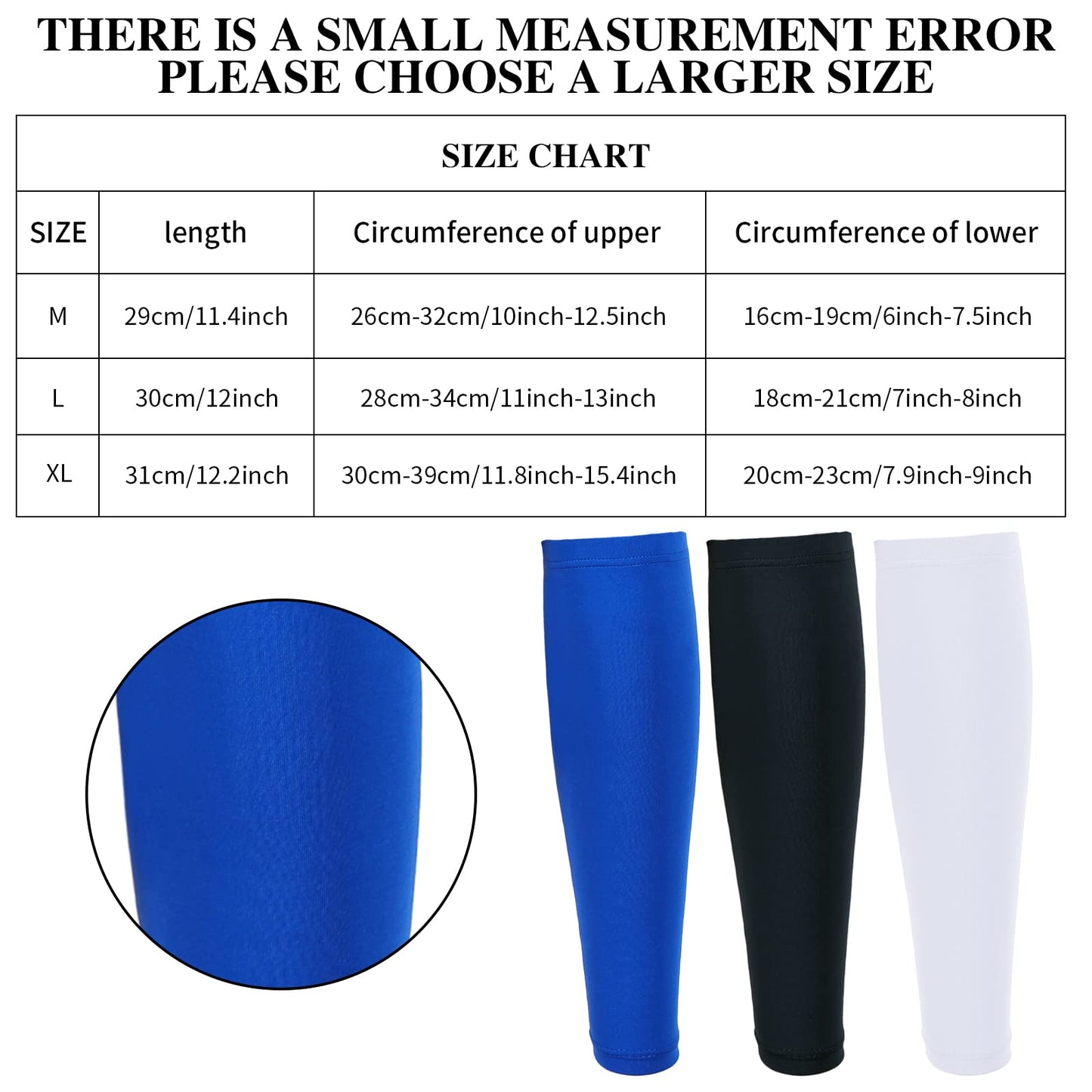 3 Pairs Calf Compression Sleeves for Men And Women Football Leg Sleeve Footless Compression Sock for Running Athlete Cycling (Black, White, Blue, Large)
