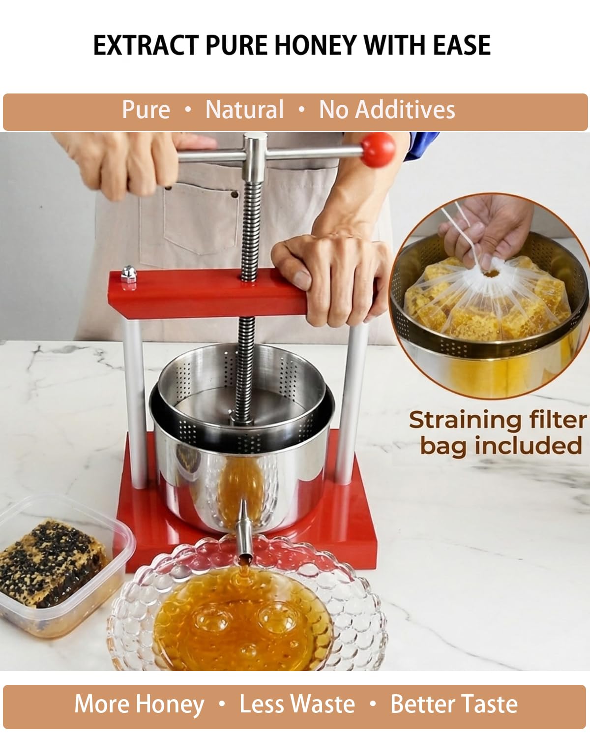 EJWOX 1.6 Gallon Manual Press - Professional Stainless Steel Fruit & Vegetable Squeezer with Filter Bag - Large 6L Capacity for Honey, Cheese, & Plant Infusions - Heavy Duty Top-Handle Juice Extractor