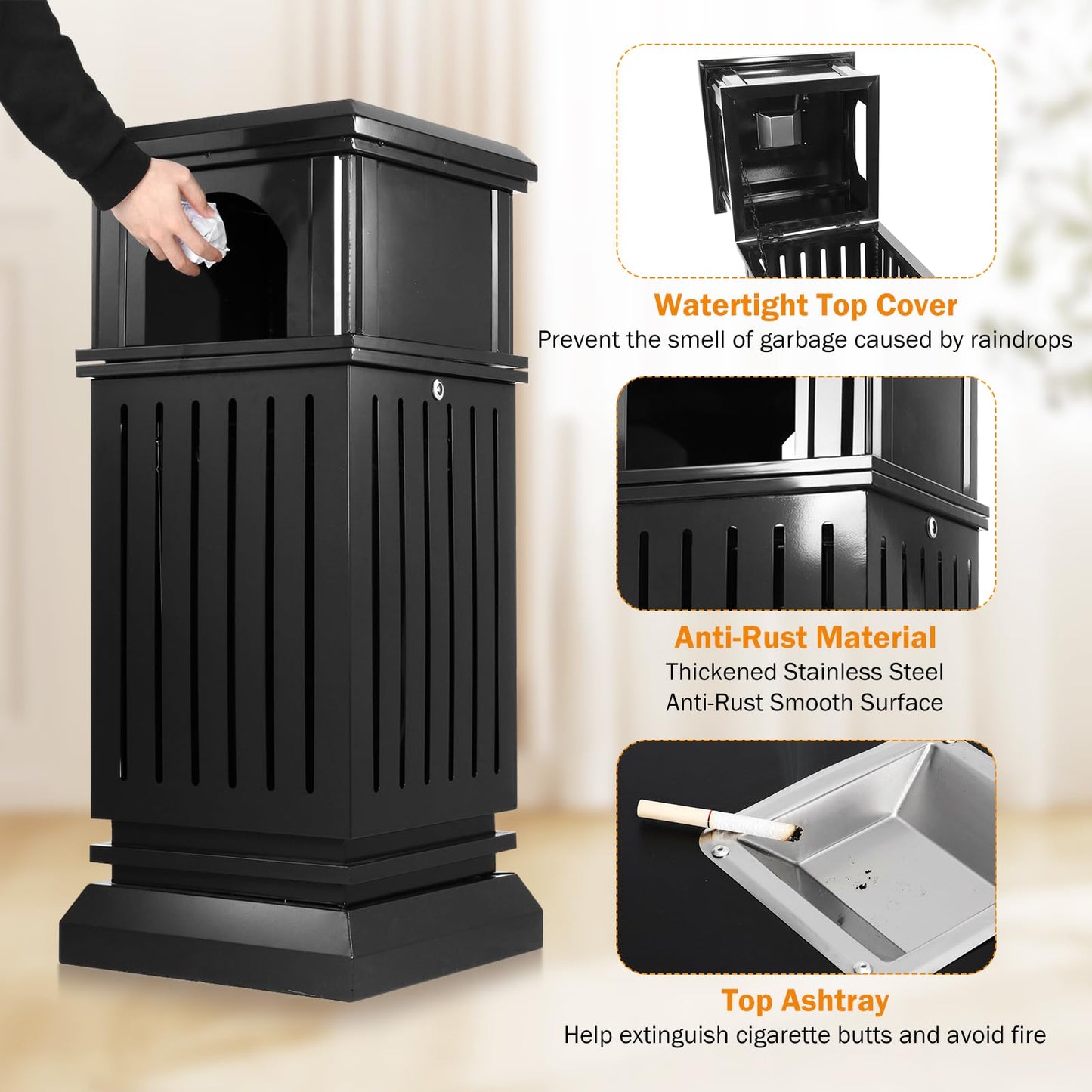 BEAMNOVA 15.8 * 15.8 * 35.5 in Black + 14.6 * 32.7 in Metallic Trash Can Stainless Steel Commercial Garbage Enclosure with Lid