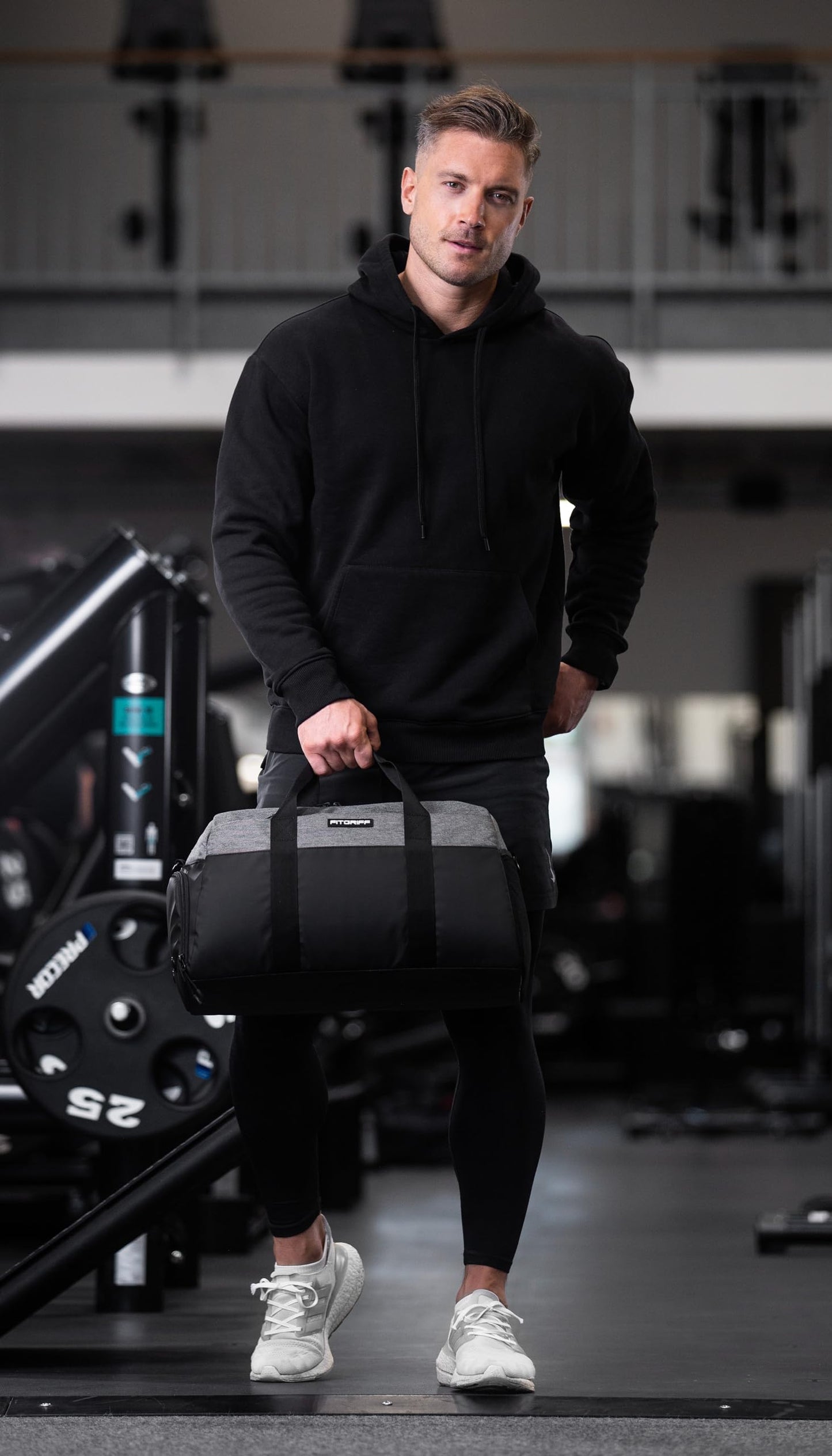 Fitgriff® Gym Bag V2 for Men and Women with Shoe & Wet Compartment - Duffle Bag for Travel, Sports, Fitness and Workout (Black/Grey, 19 x 10 x 11″ (Small))