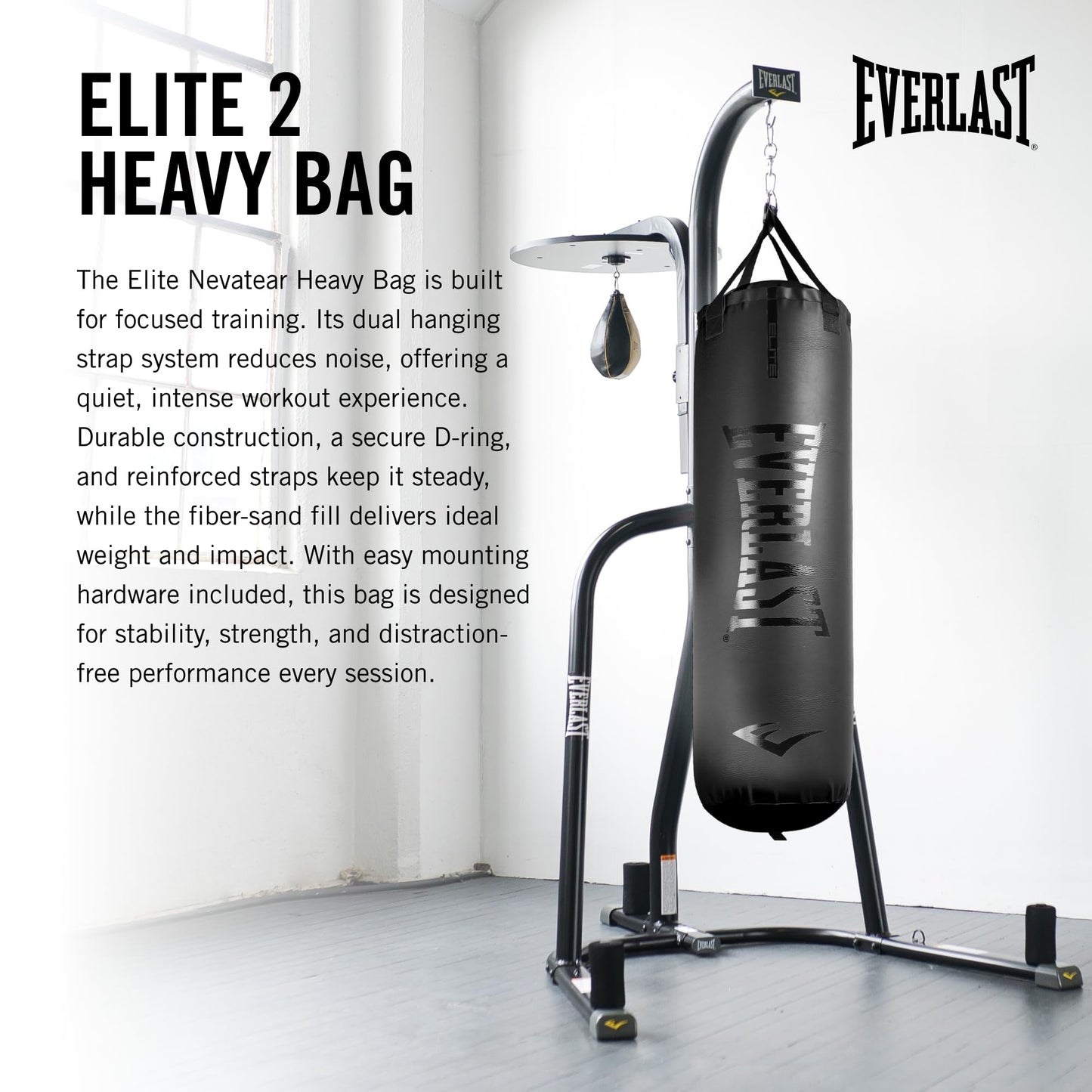 Everlast Elite 2 Heavy Bag (70 LB) with Wood Beam Heavy Punching Bag Hanger, Durable Boxing Heavy Bag for Home Training