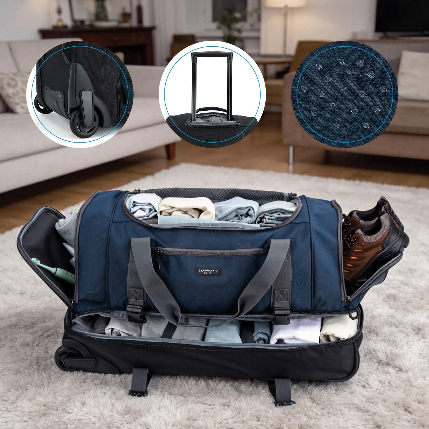 TONRUYN 100L Large Rolling Duffle Bag with Wheels and Handle, 29inch 2-Wheeled Travel Duffel Luggage with Rollers, Rolling Gym Bag with Shoe Compartment & Wet Pocket, Double-layer Space, Blue