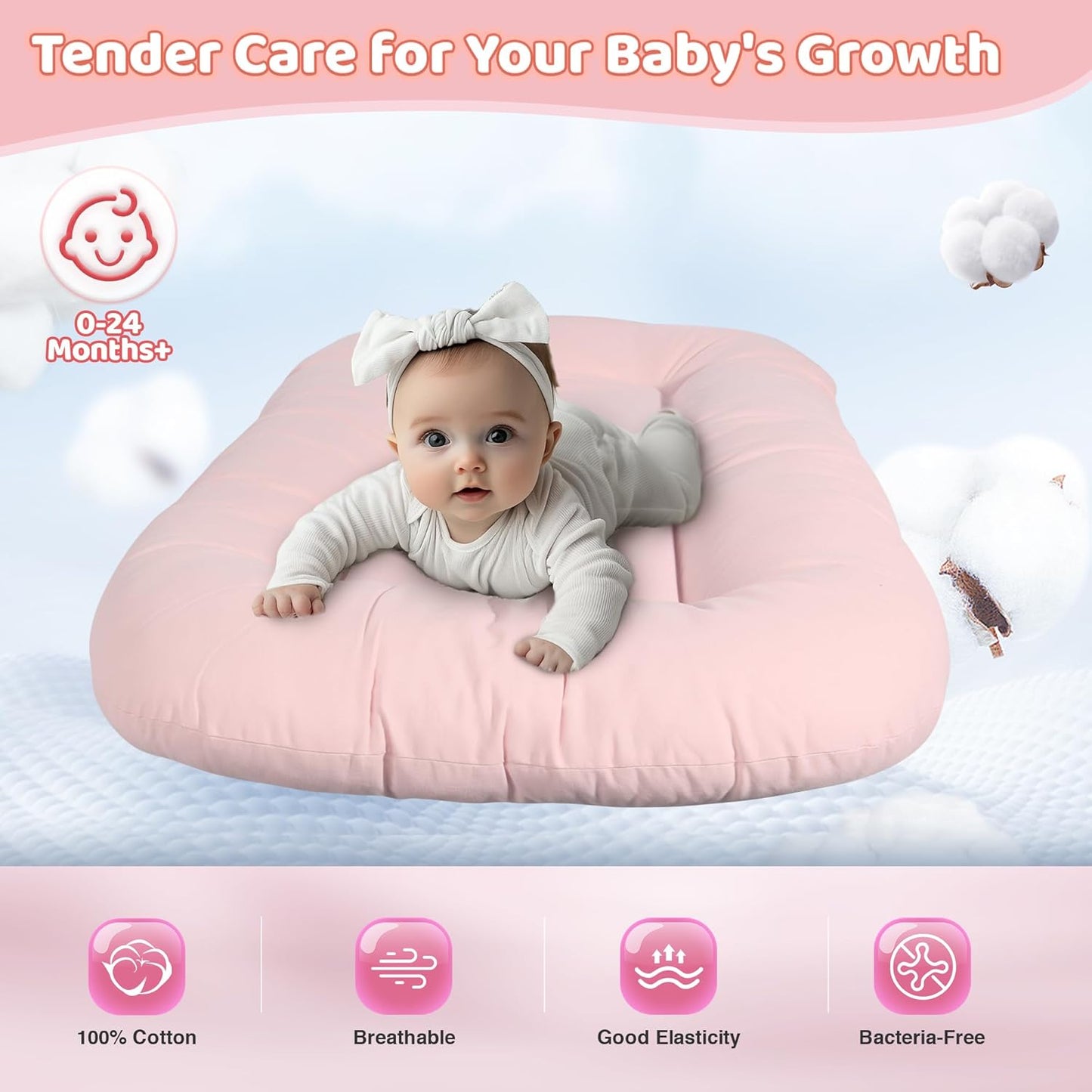 Skiennix Infant Support Cushion - Portable Tummy Time Mat for Newborns 0-24 Months, Soft Cotton, Pink
