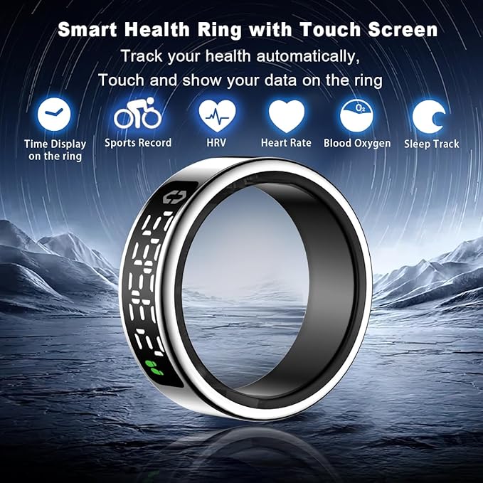 Smart Health Ring with Screen,for Women Men Fitness Tracker Heart Rate, Blood Oxygen, HRV, Sleep Monitoring, Step Counting, IP68 for iPhone and Android, No Subscription Fee (Silver, 11#)