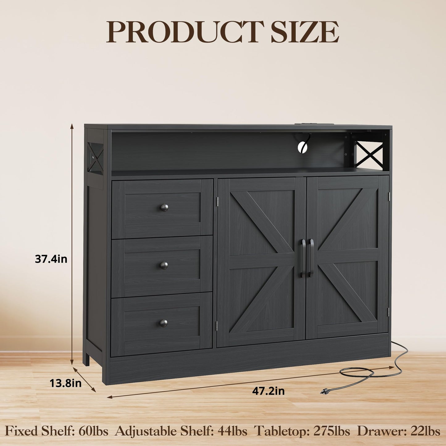 GAOMON 51Inch Sideboard Buffet Cabinet, Wood Rustic Coffee Bar Large Buffet Storage Cabinet with Drawers and Power Outlets Shelves Doors for Dining Kitchen Living Room, Black