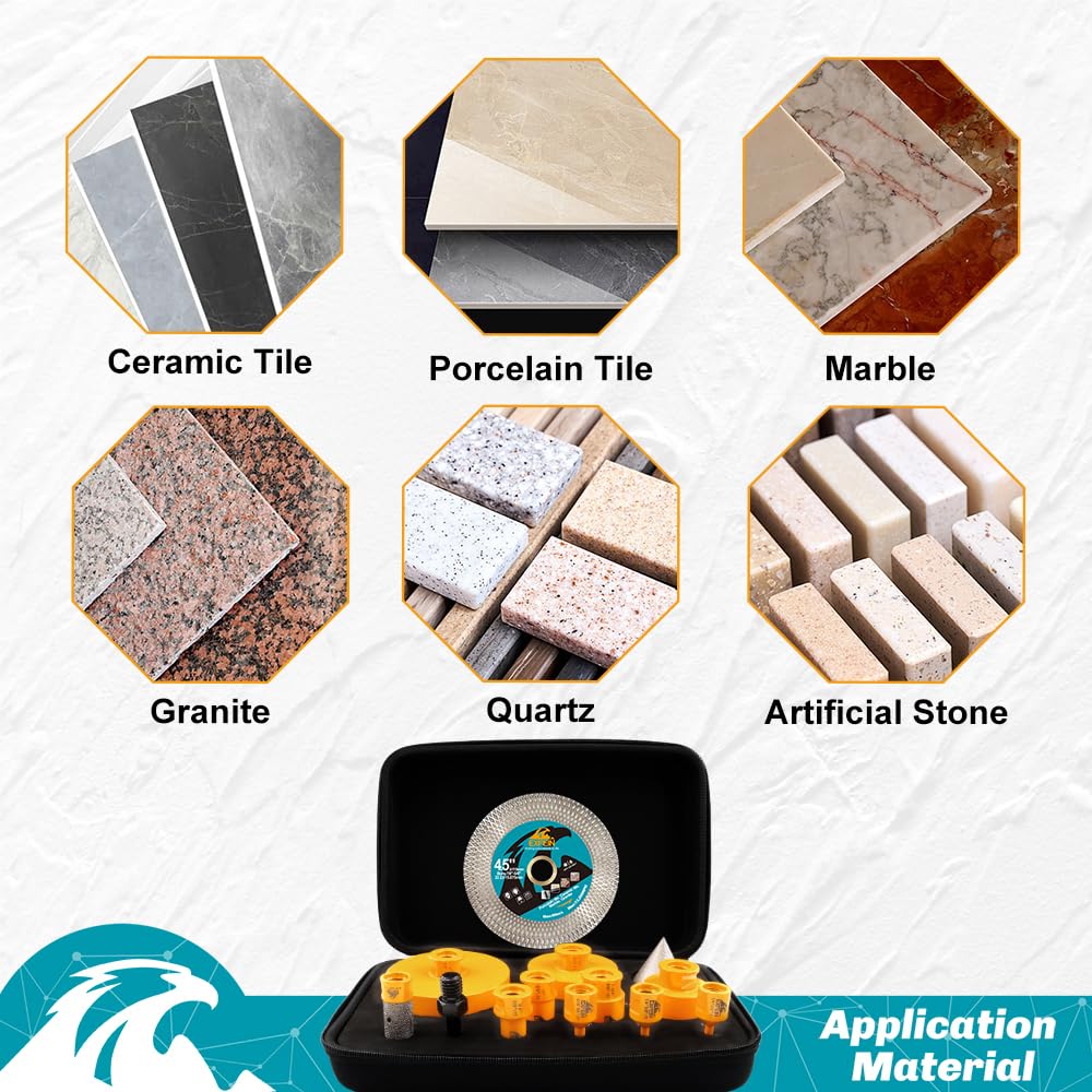 EXFEIN Tile Hole Saw Kit 13pcs - 6/6/8/19/25/35/50/75/102mm Diamond Core Drill Bits, 4/5 Inch Milling Bit + 2 Inch Chamfer Bit + Adapter + 4.5 Inch Grinding & Cutting Disc for Tile Marble Granite