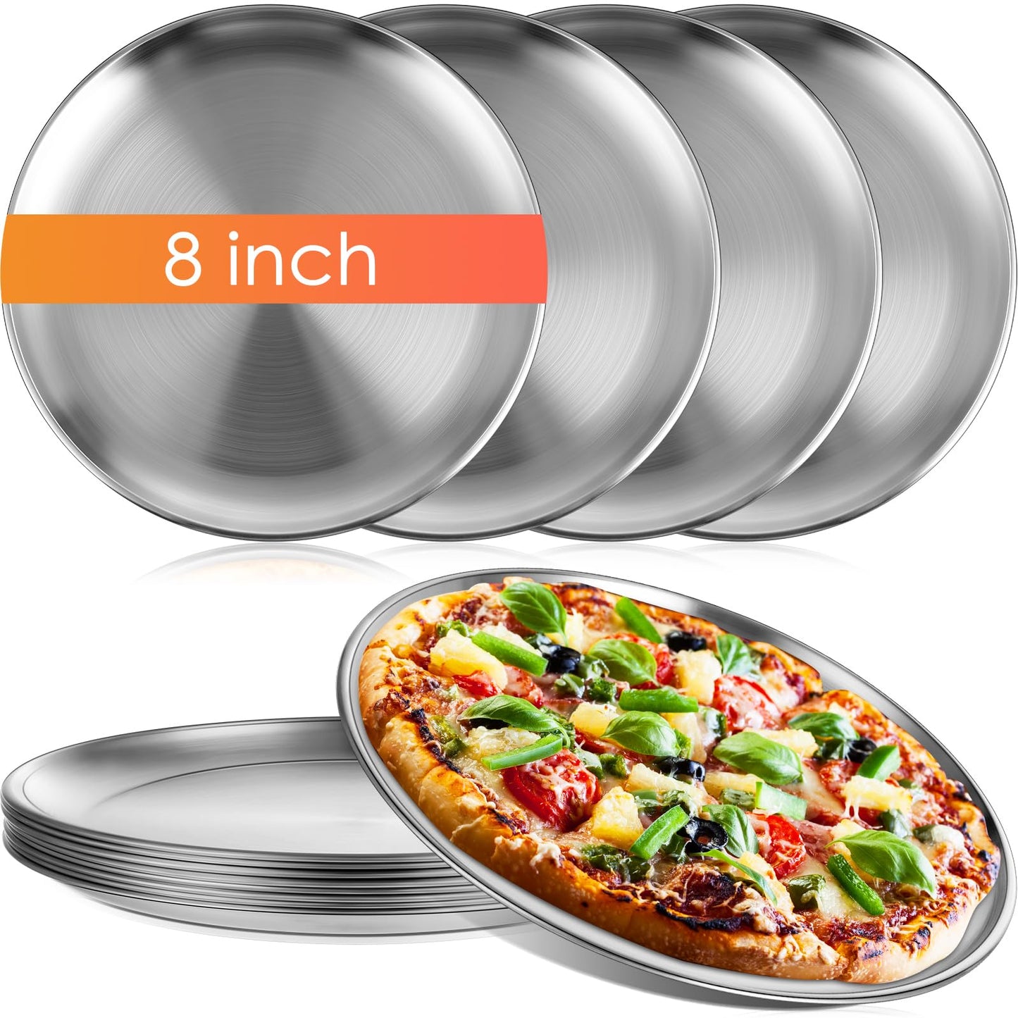 Thenshop 8 Pieces 8 Inch Pizza Pans Bulk Stainless Steel Sets Round Bakeware Pizza Trays for Oven Freezer Kitchen Baking Home Restaurant Picnics Safe Sturdy Reusable Easy Clean(Silver)