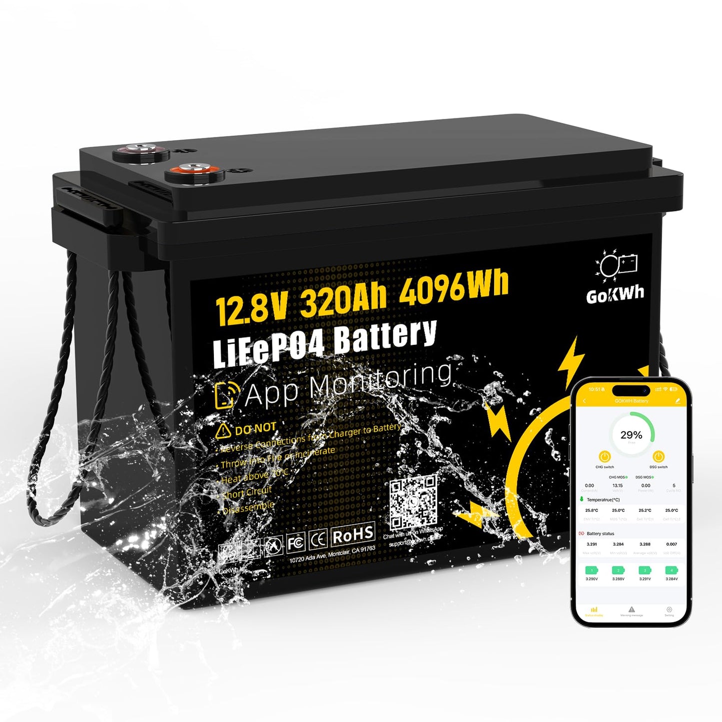 GOKWH 12V 320Ah LiFePO4 Lithium Battery with Smart APP, Bluetooth 5.0 Rechargeable 4096Wh Battery, 200A BMS Up to 8000 Deep Cycle for RVs, Trolling Motor, Solar System, HomeBackup and Off-Grid