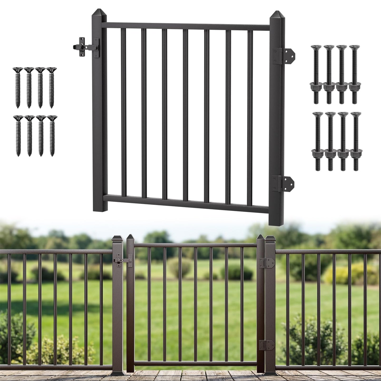 Deck Fence Gate Integrated Welding Stainless Steel Black Textured Powder-Coat Finish 36.2″Wx 36.7″H Outdoor Deck Gate with Latch for Deck, Garden, Yard, Porch, Patio (Left Hand in Swing)