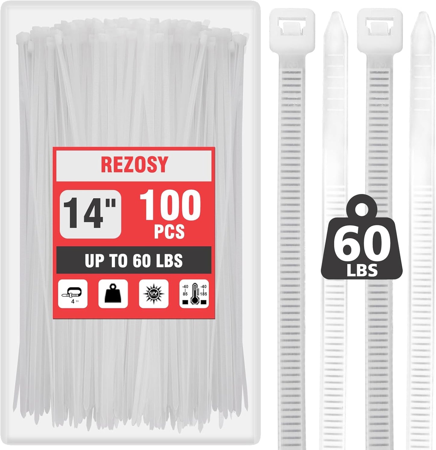 REZOSY 14 Inch (100 Pack) 60 lb White Clear Zip Ties - Heavy Duty UV Resistant Self-Locking Nylon Cable Ties