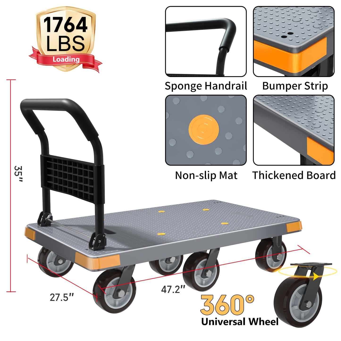 WUD Push Cart, Folding Mobile Platform Trolley,Thickened and Reinforced, 360° Swivel Wheels,47.2 “L x 27.5 ”W, 1764 lb,Gray