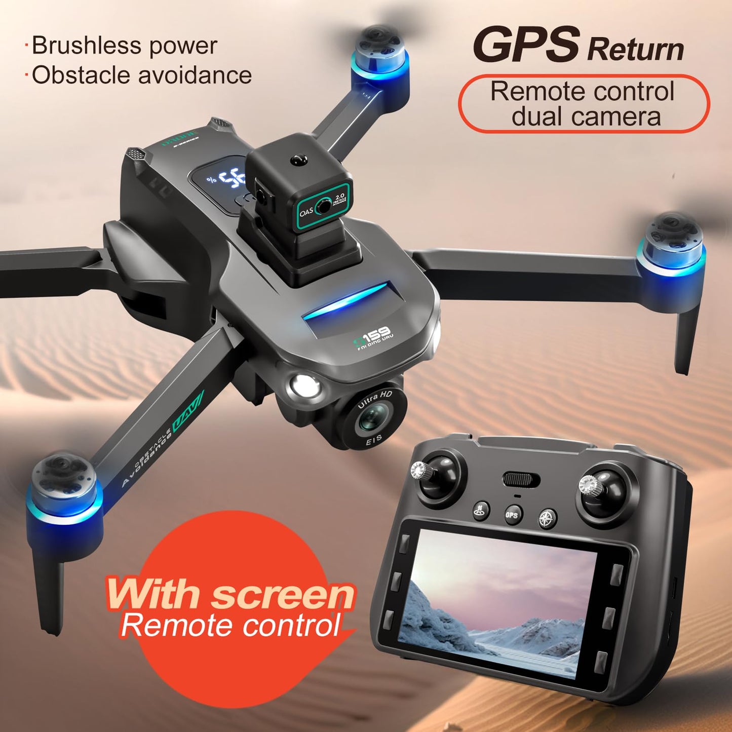 Dodoore GPS Drone with 8K UHD EIS Camera for Adults, 5G WiFi FPV RC Quadcopter with Brushless Motors, Optical Flow Positioning, Obstacle Avoidance, Auto Return, Follow Me, 2 Batteries (Black)