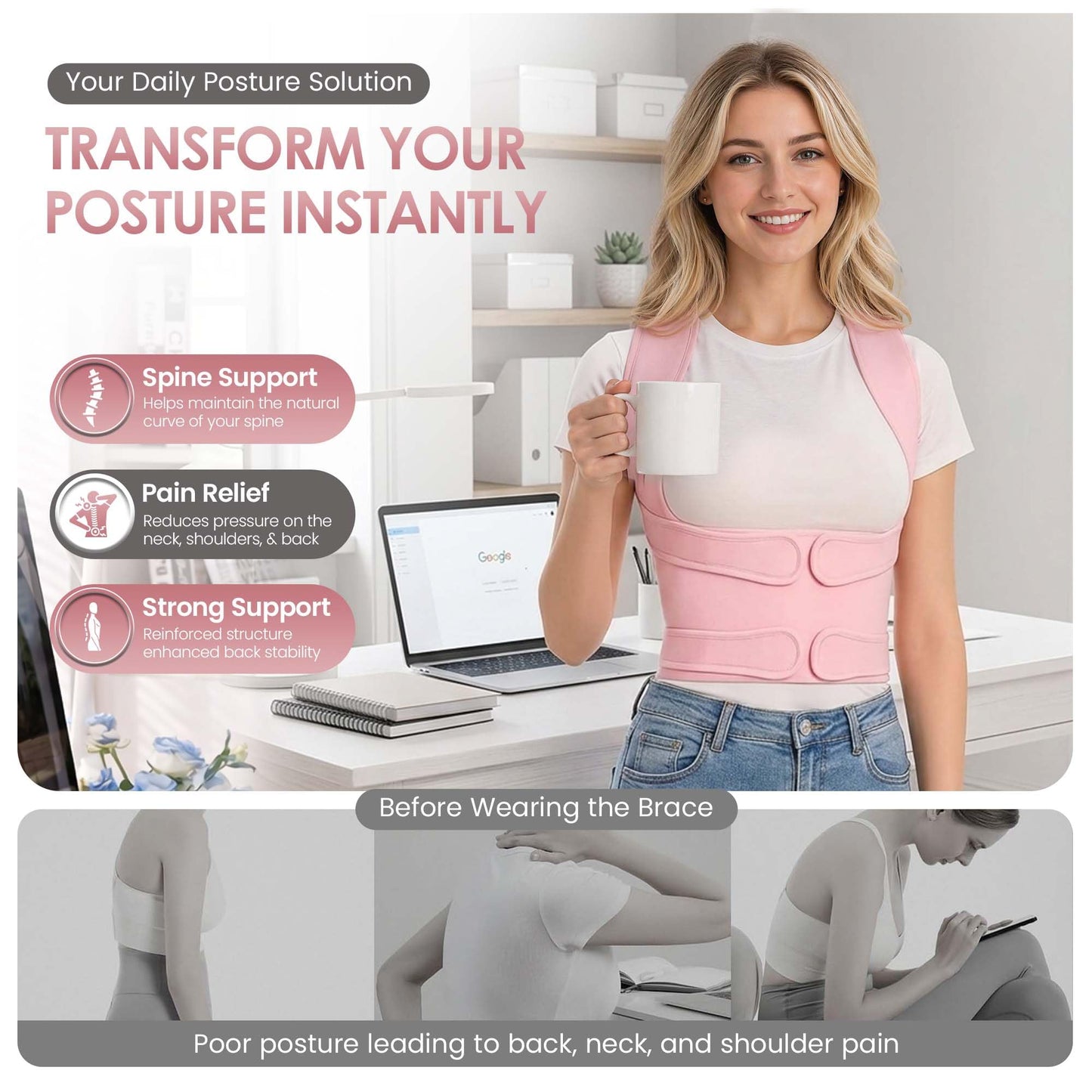RUKHS SUPPLY Back Posture-Corrector for Men & Women - Back Brace & Adjustable Back Straightener for Shoulder, Upper Back Support & Pain Relief - Pink (Medium)