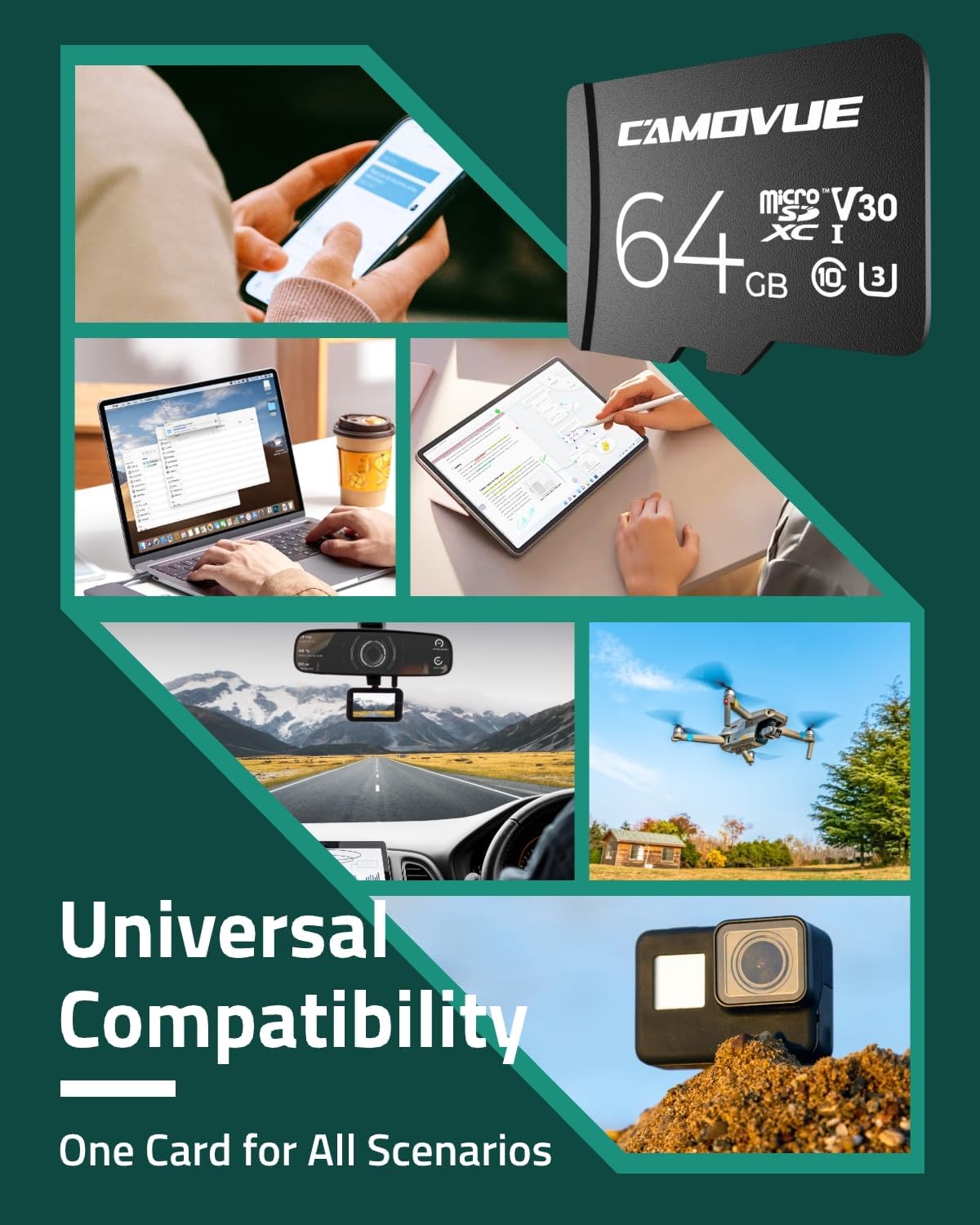 CAMOVUE 64GB Max.100MB/s 4K RLA-SD10,U3/C10/30, microSD Card, Read Speed, Ultra HD Transmission, Series Universal