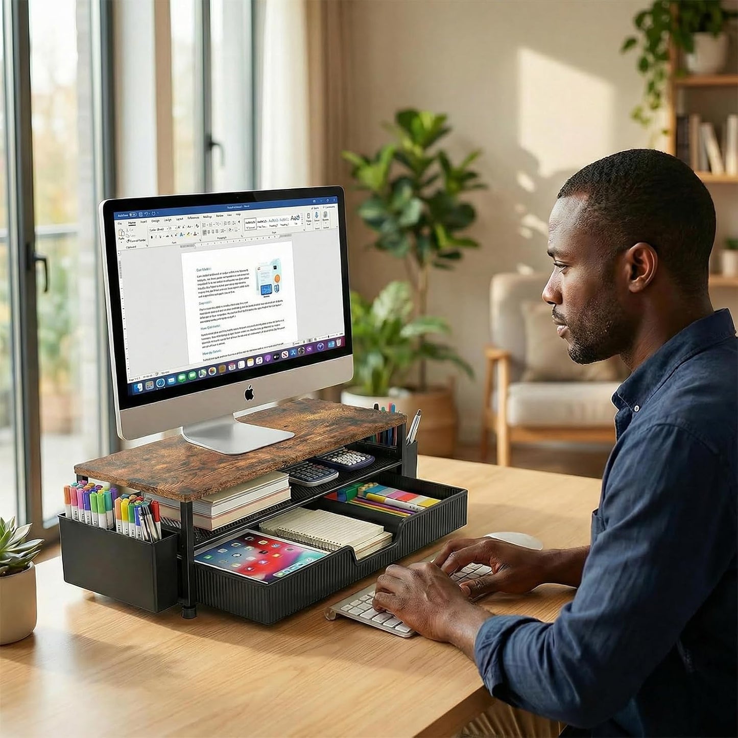 2-Tier 2 ECOLOVI Desk Organizer and Accessories, Computer Monitor Stand Rise with Storage Drawer & Pen Holders, Laptop