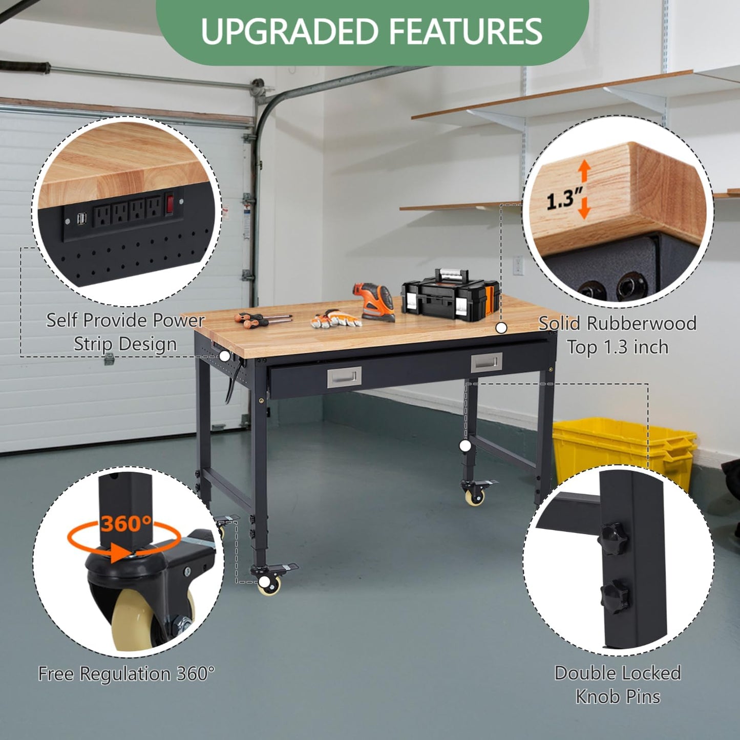 48" Work Benches for Garage, Adjustable Workbench with Wheels, Drawers, Power Outlet & Rubber Wood Top, 2000LB Tool Bench Shop Table for Woodworking, Office, Home (48x24 Inch with Drawer)