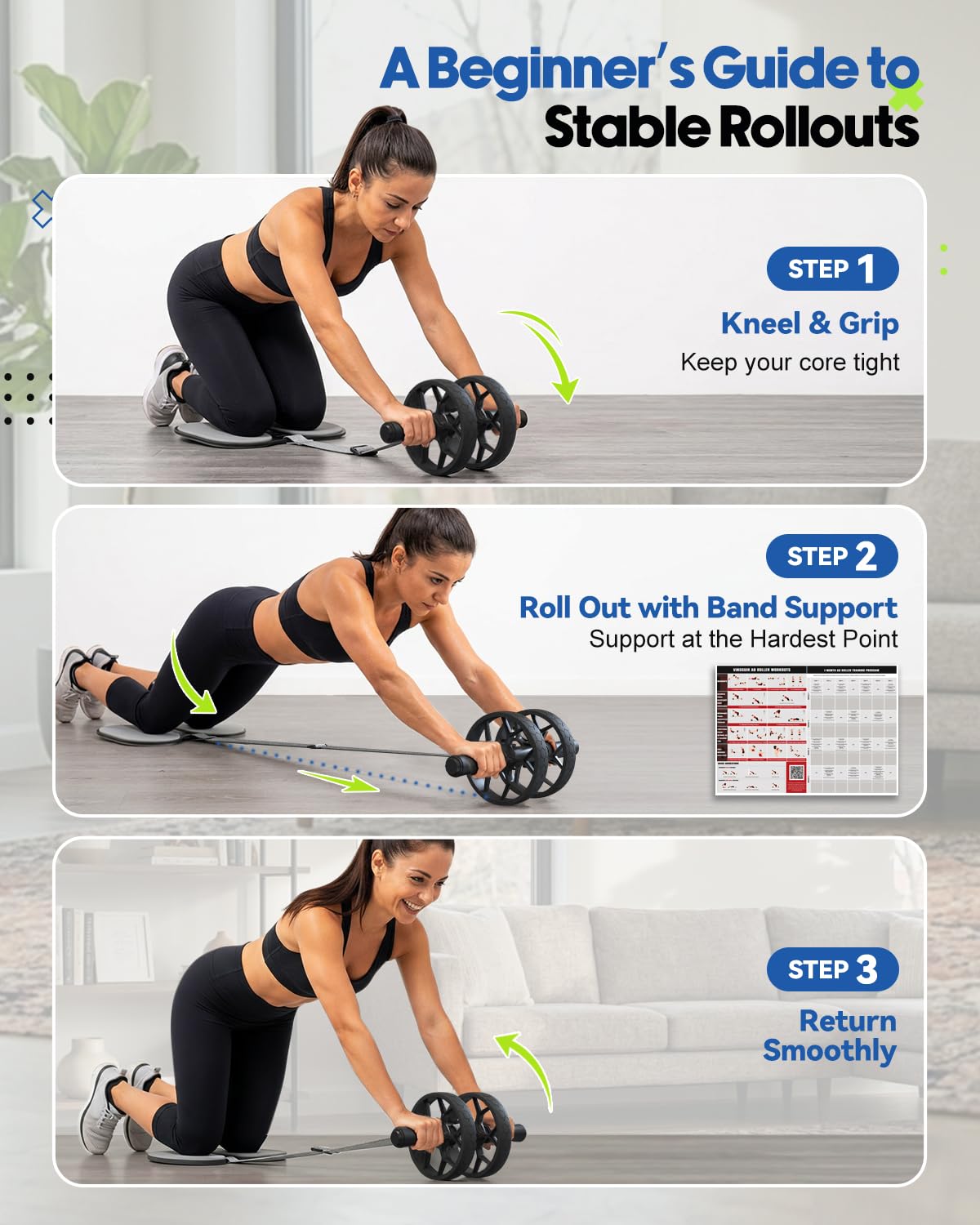 VINSGUIR Ab Roller Wheel for Beginners to Pros, Ab Roller with Adjustable & Detachable Resistance Band, Abs & Core Workout Equipment for Home Gym, Abdominal Wheel with Exercise Guide and Knee Pad, Men Women