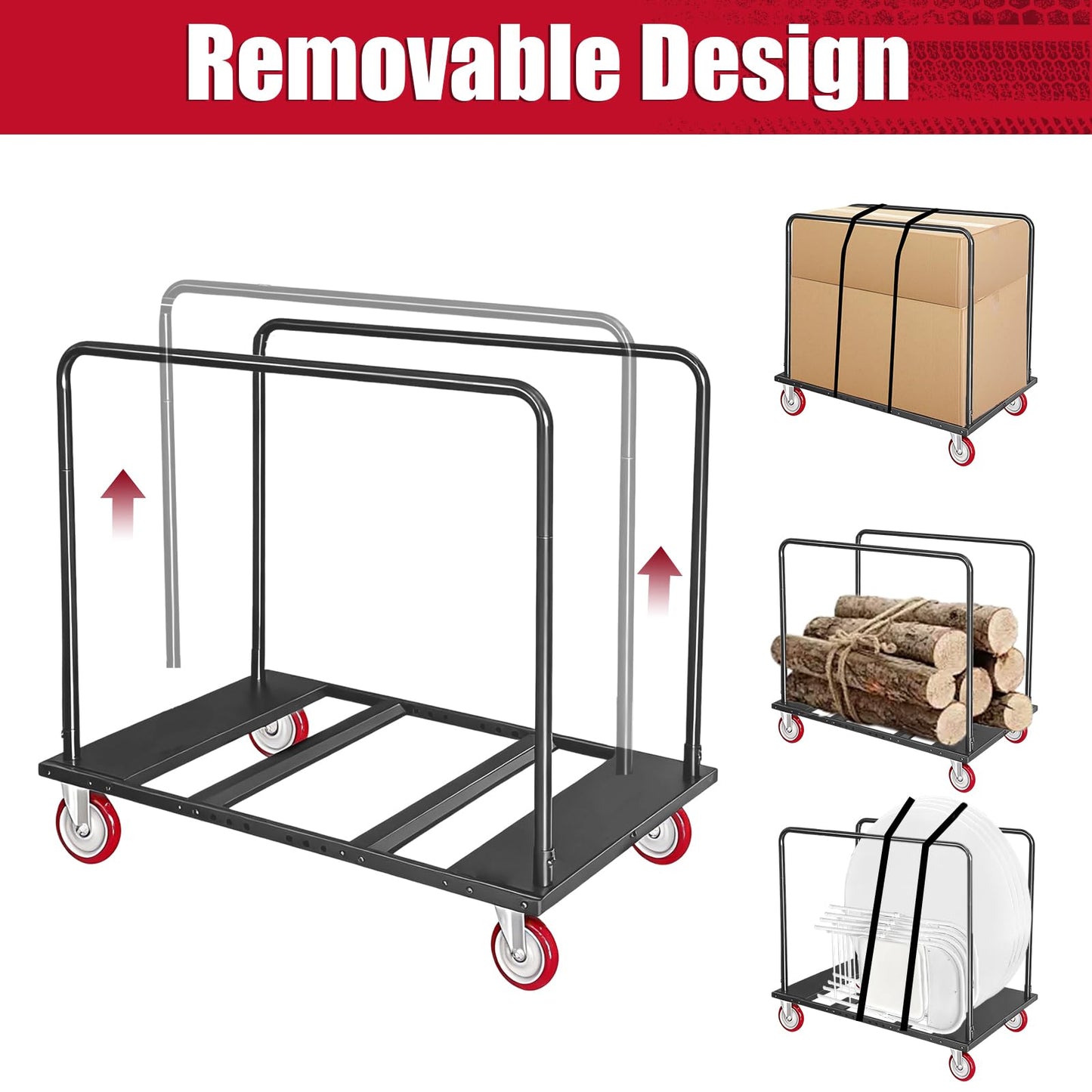 A AIKOOL Folding Table Cart, 1800 LBS Heavy Duty Drywall Dolly with 5" PU Swivel Locking Wheels, 46"x29"x39" Multi-Purpose Cart for 60" Round Tables, Sheetrock, Lumber, Hotel, Party, Warehouse, Garage