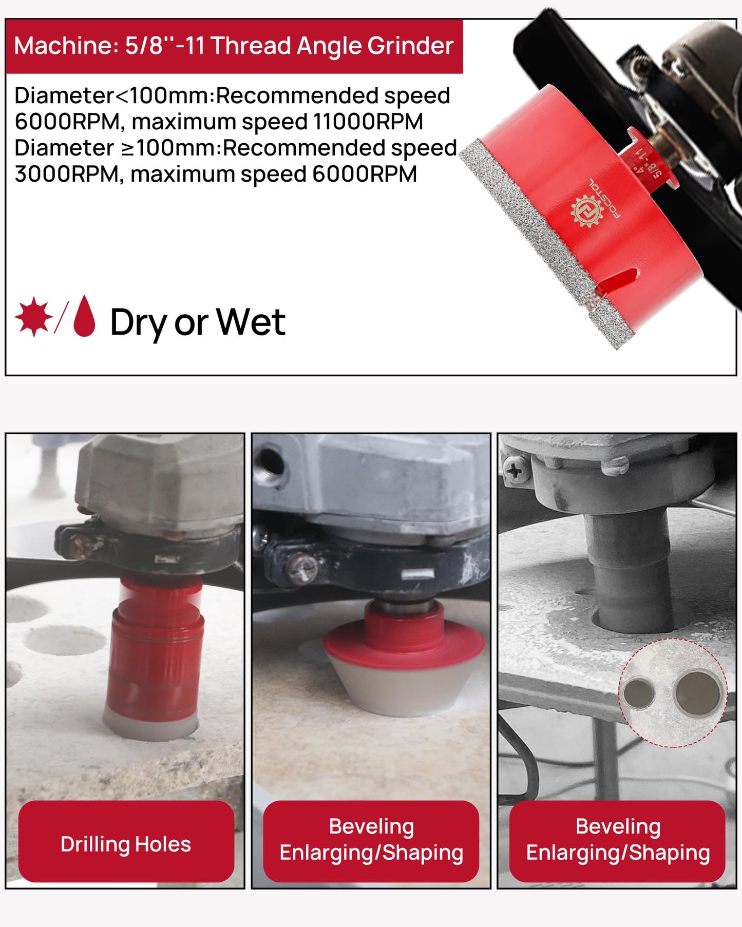 FOCSTOL Diamond Tile Hole Saw Kit 14pcs - (6/8/10/25/35/50/75/100/125mm+20mm Milling Bit+50mm Chamfer Bit+Hex+SDS+115mm Cutting Disc) Diamond Core Drill Bit Set for Porcelain, Tile, Ceramic, Marble