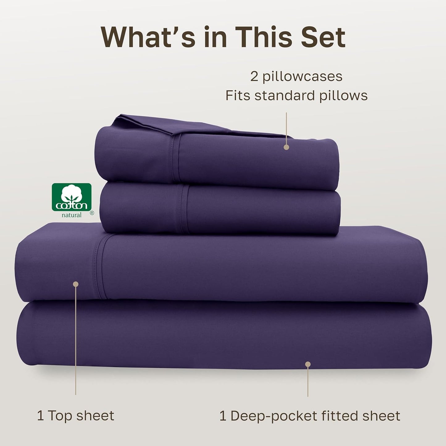 California Design Den Full Size Cotton Sheet Set - 400 TC Silky Smooth Sateen Weave, Deep Pockets - Purple