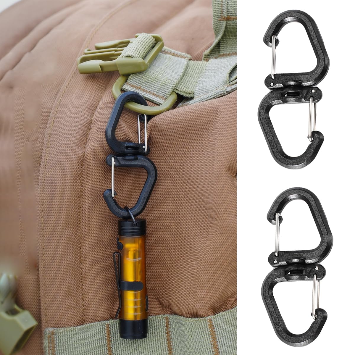 SquEqu 5 Pack Dual Locking Carabiner Clips with Double-Ended Wiregate Utility Hook Lightweight Swivel Snap Clasps Keychain Clip for Camping Hiking Backpack Backpacking Belt Loop Key Chain Flashlight