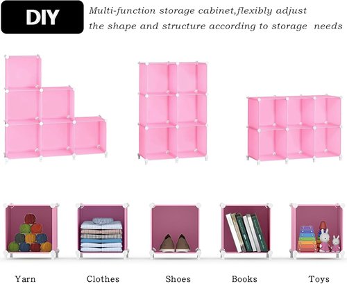 AWTATOS Cube Storage Organizer - Portable DIY Stackable Closet Shelves for Kids - 6 Pink Cubes