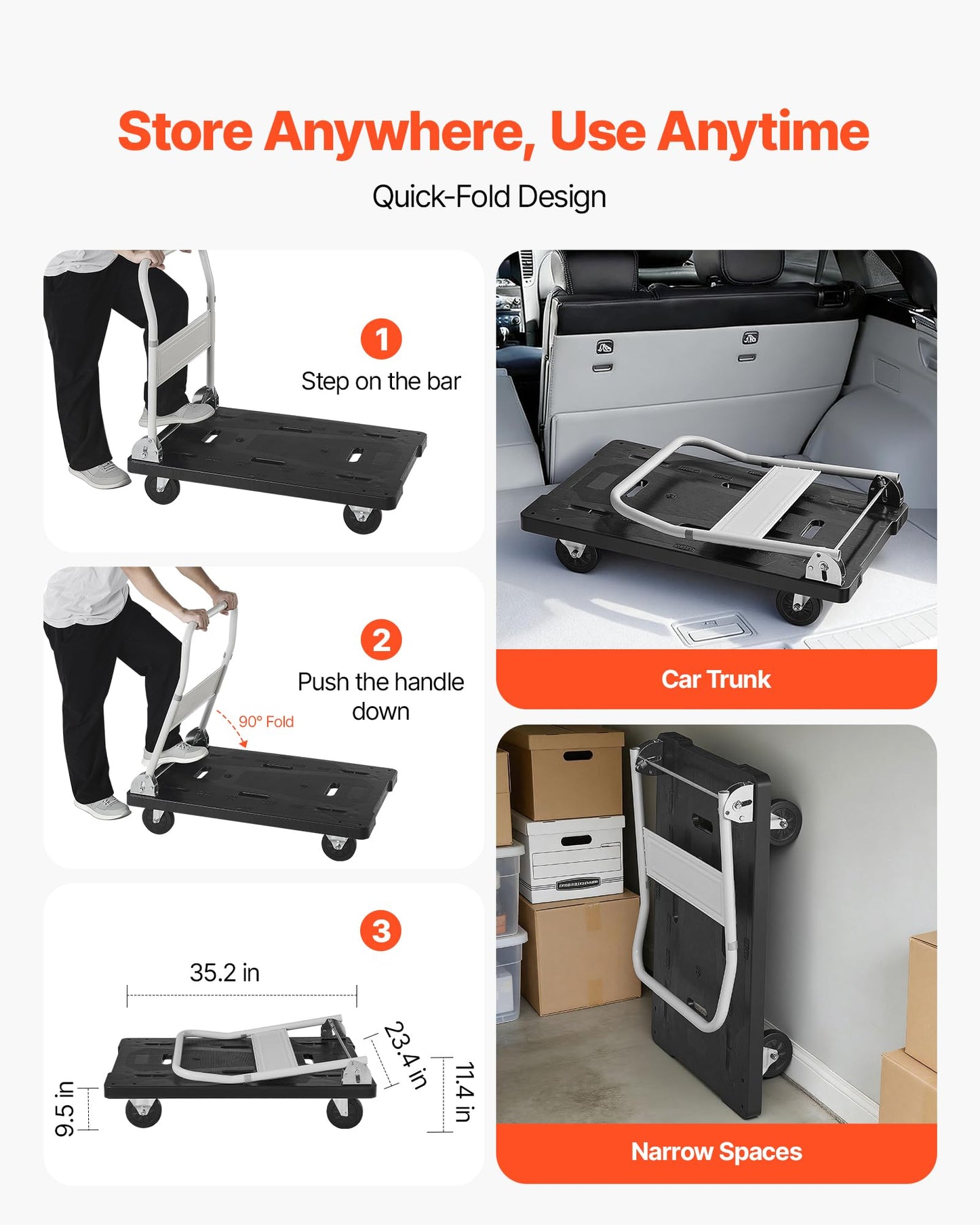 VEVOR Foldable Push Cart Dolly, 660 lbs Capacity, Folding Platform Truck with Swivel Wheels, Moving Platform Hand Truck Flatbed Cart, Space Saving Push Handle, for Easy Storage, 35.2 x 23.4 x 33.5 in